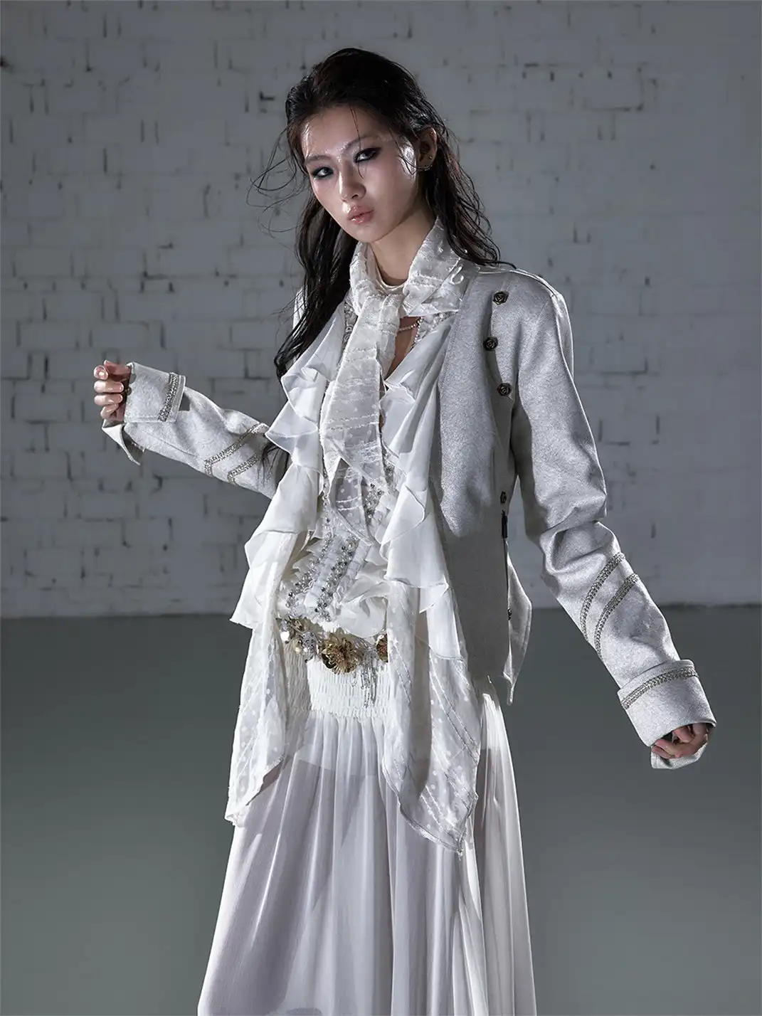 NO ROMANCE | Vintage Chiffon Patchwork Knight PU Jacket