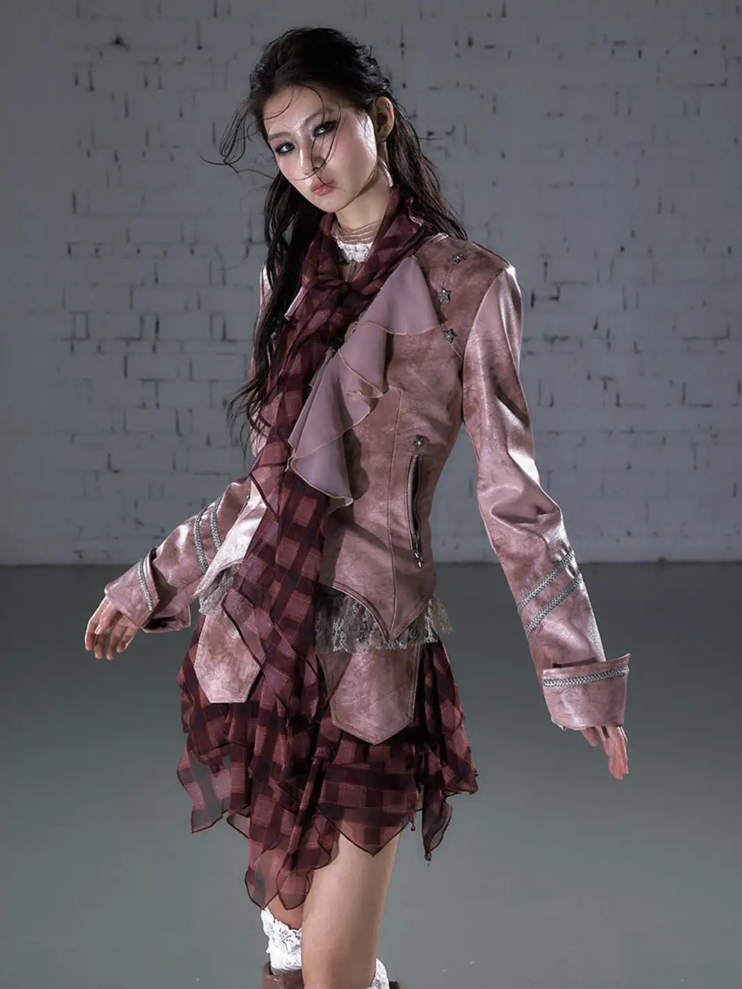 NO ROMANCE | Vintage Chiffon Patchwork Knight PU Jacket