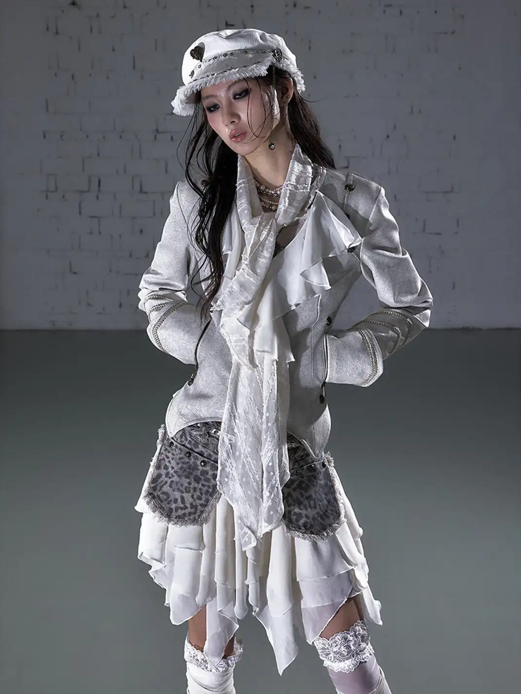 NO ROMANCE | Vintage Chiffon Patchwork Knight PU Jacket