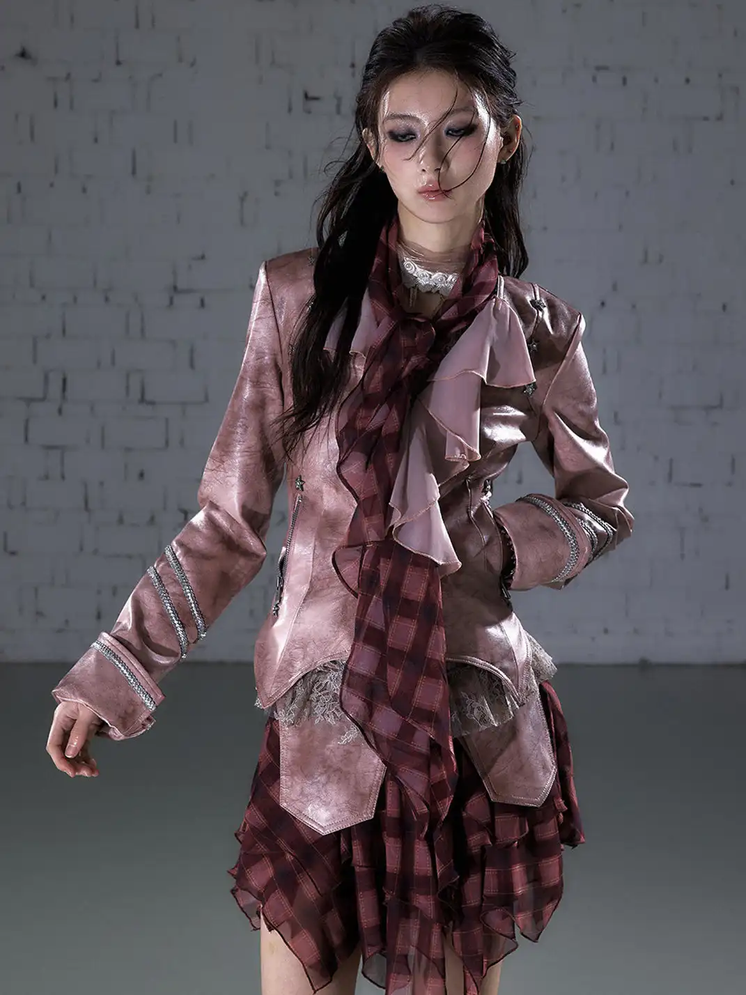 NO ROMANCE | Vintage Chiffon Patchwork Knight PU Jacket