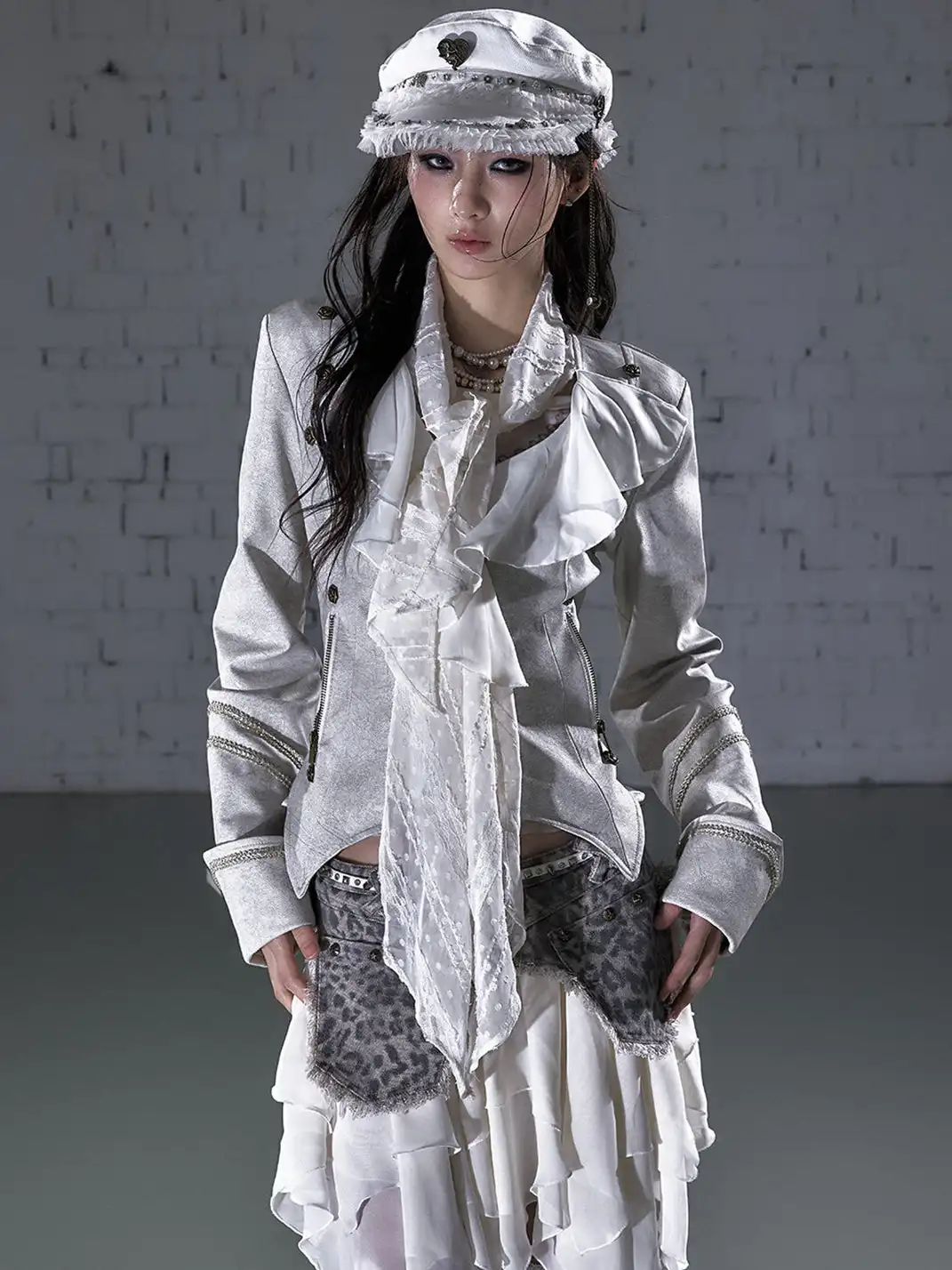 NO ROMANCE | Vintage Chiffon Patchwork Knight PU Jacket