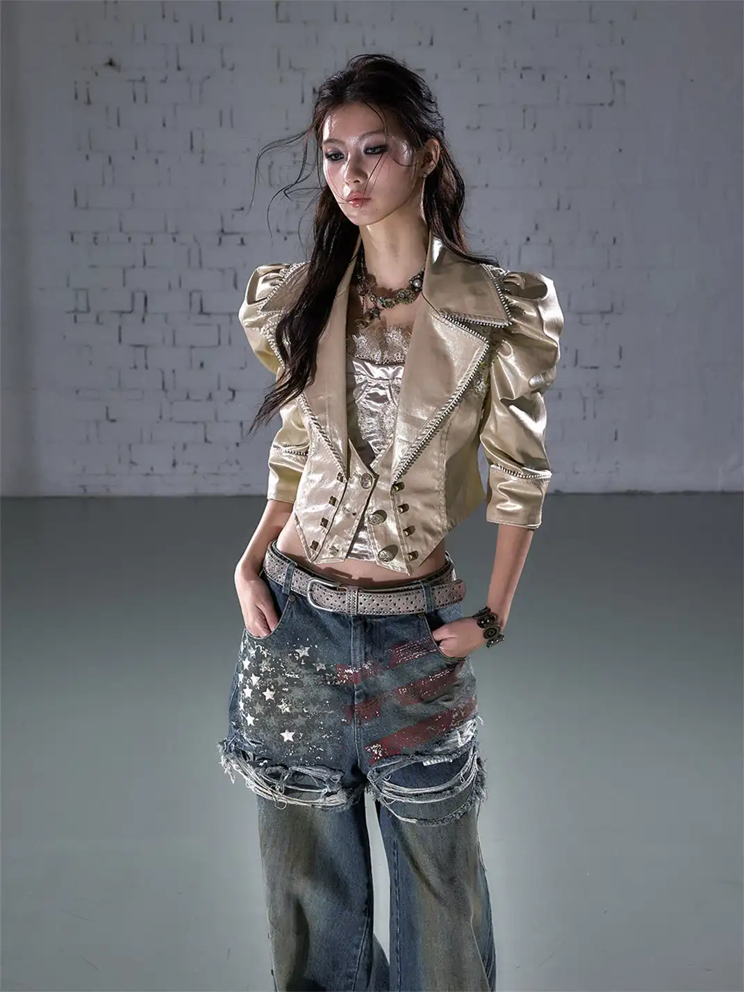 NO ROMANCE | Heavy-Duty Large Lapel Puff Sleeve Cropped Leather Jacket
