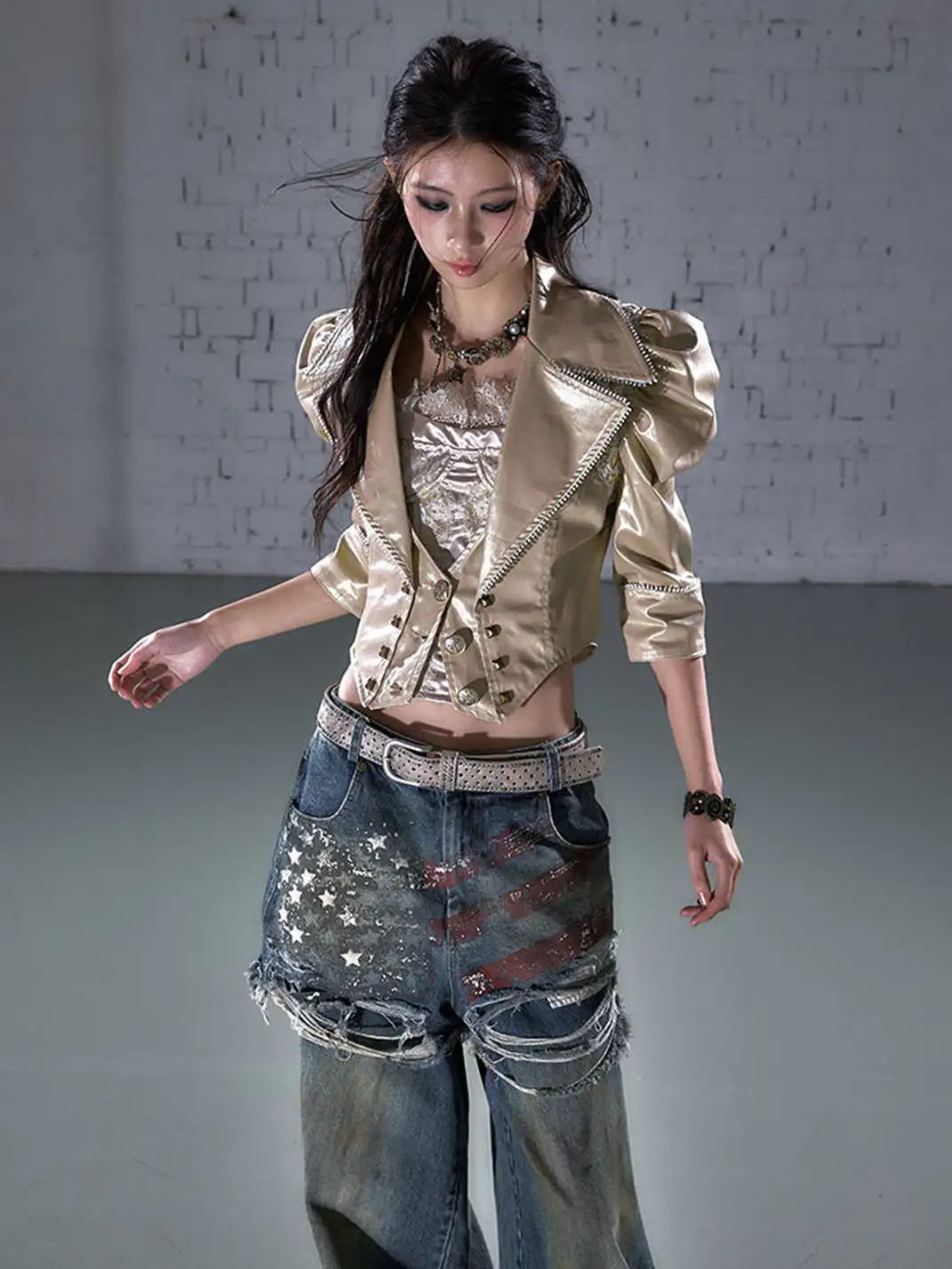 NO ROMANCE | Heavy-Duty Large Lapel Puff Sleeve Cropped Leather Jacket