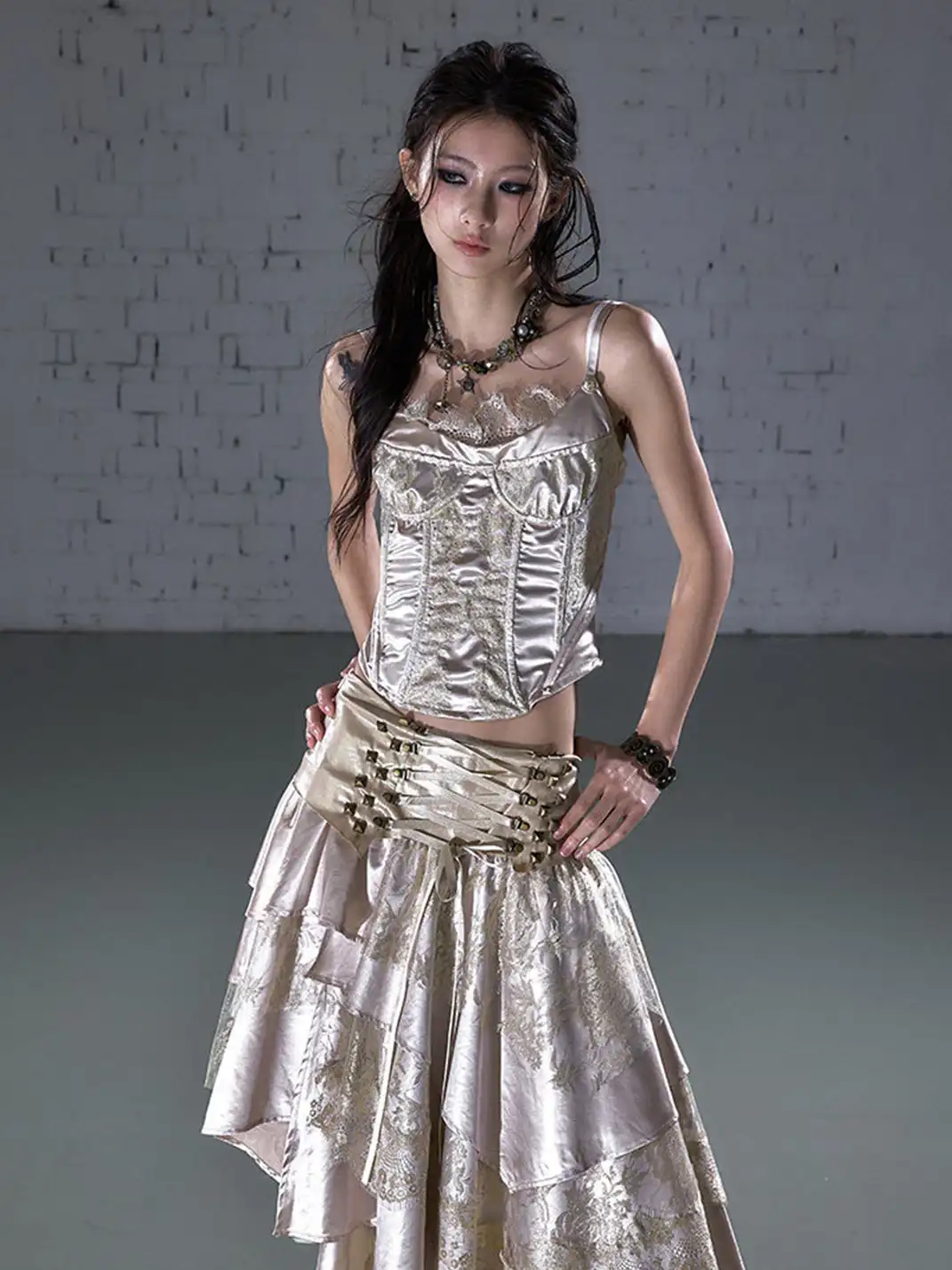 NO ROMANCE | Lace Satin Trim Fake Two-Piece Camisole Vest