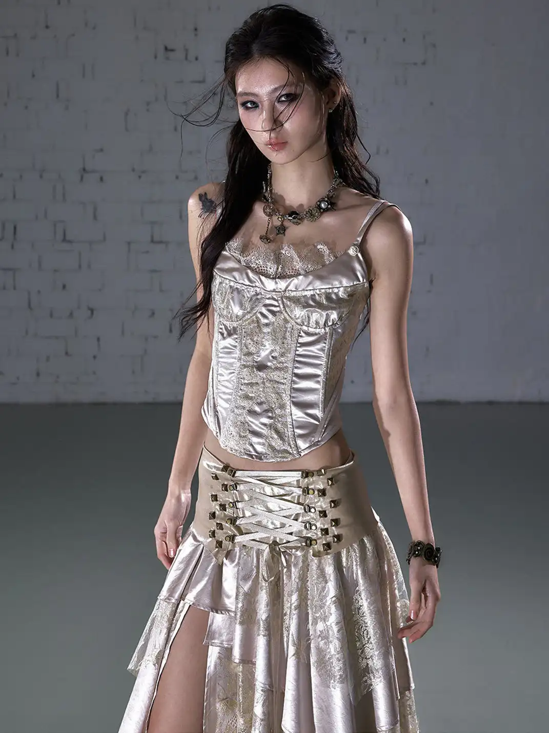 NO ROMANCE | Lace Satin Trim Fake Two-Piece Camisole Vest