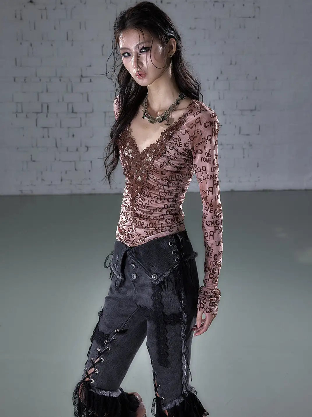 NO ROMANCE | Crochet Flocked Lace Long Sleeve Base Layer