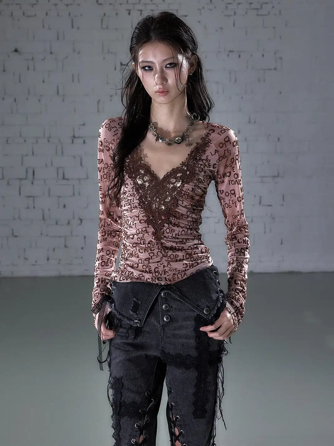 NO ROMANCE | Crochet Flocked Lace Long Sleeve Base Layer
