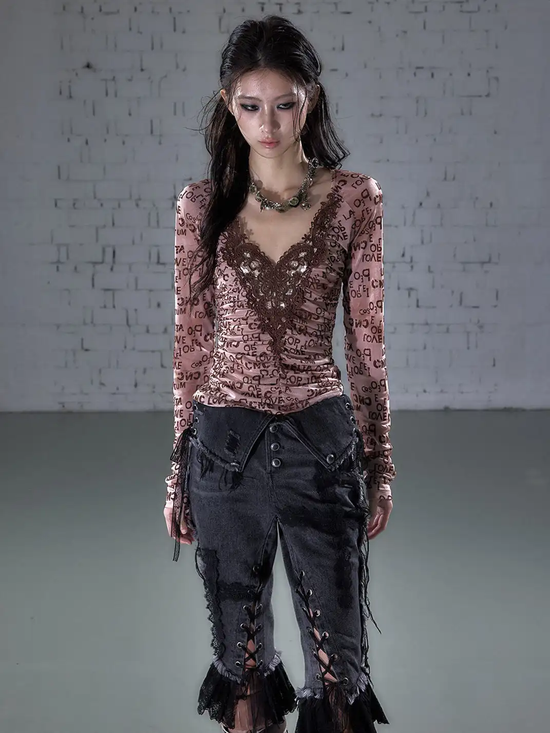 NO ROMANCE | Crochet Flocked Lace Long Sleeve Base Layer