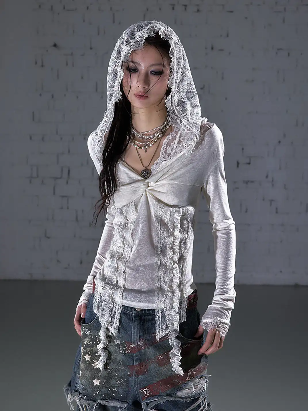NO ROMANCE | Lace Off-Shoulder Hooded Long Sleeve T-Shirt