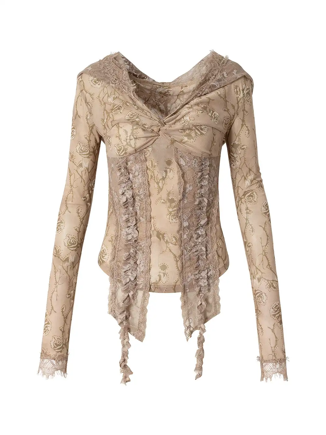 NO ROMANCE | Lace Off-Shoulder Hooded Long Sleeve T-Shirt