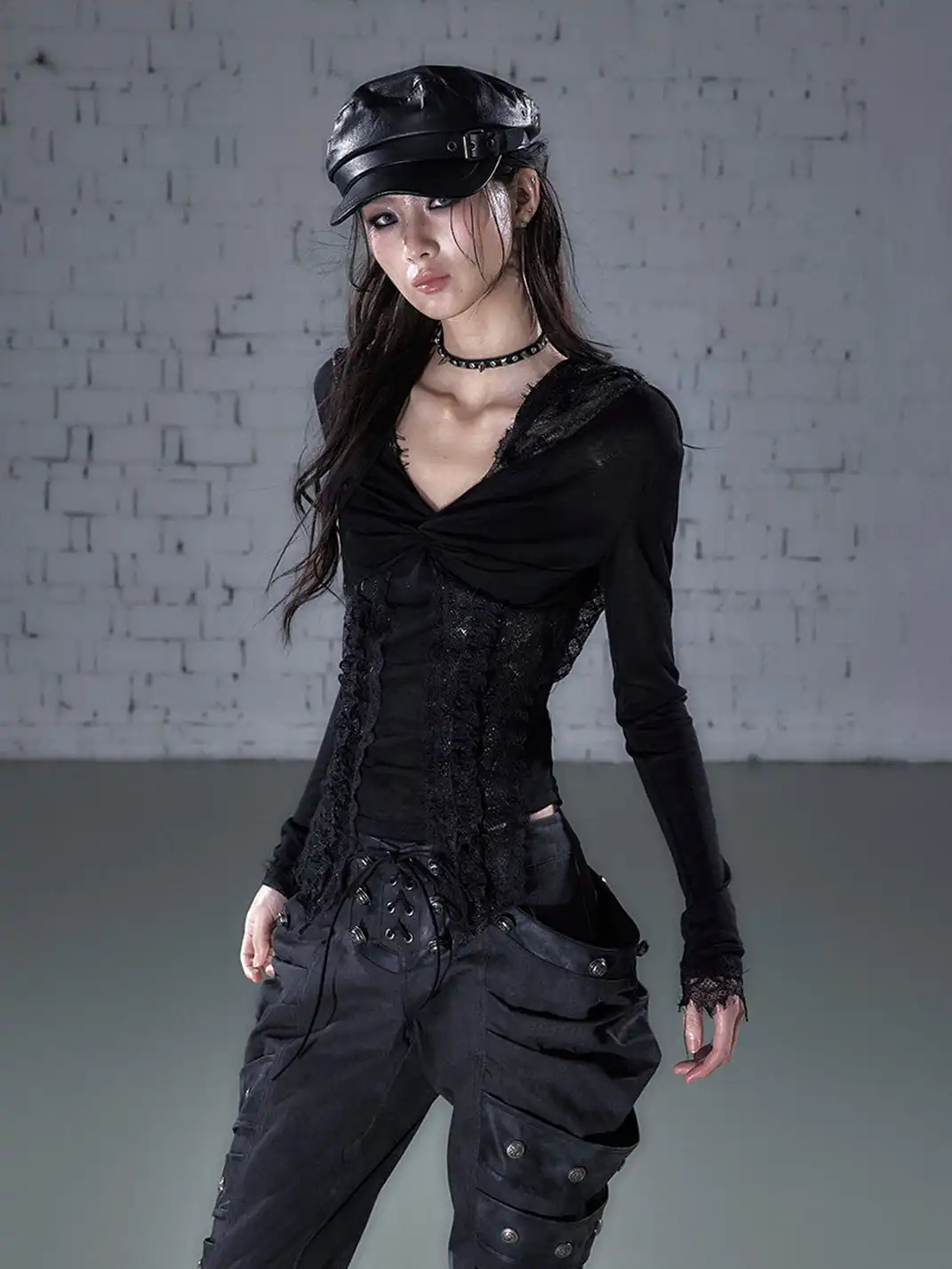 NO ROMANCE | Lace Off-Shoulder Hooded Long Sleeve T-Shirt