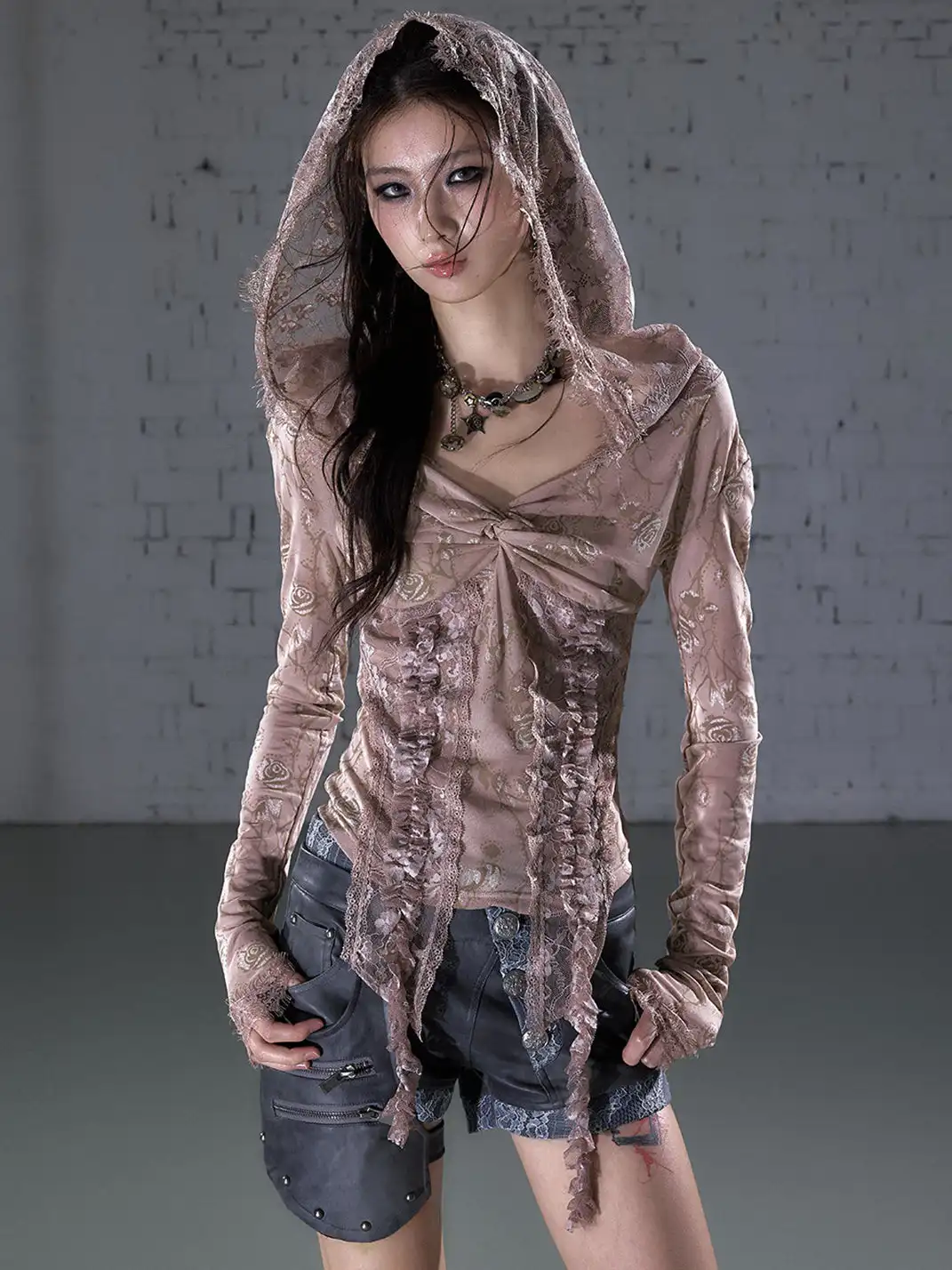 NO ROMANCE | Lace Off-Shoulder Hooded Long Sleeve T-Shirt
