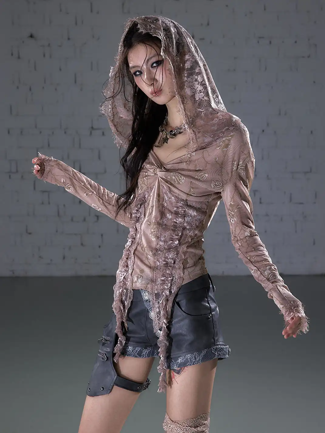 NO ROMANCE | Lace Off-Shoulder Hooded Long Sleeve T-Shirt