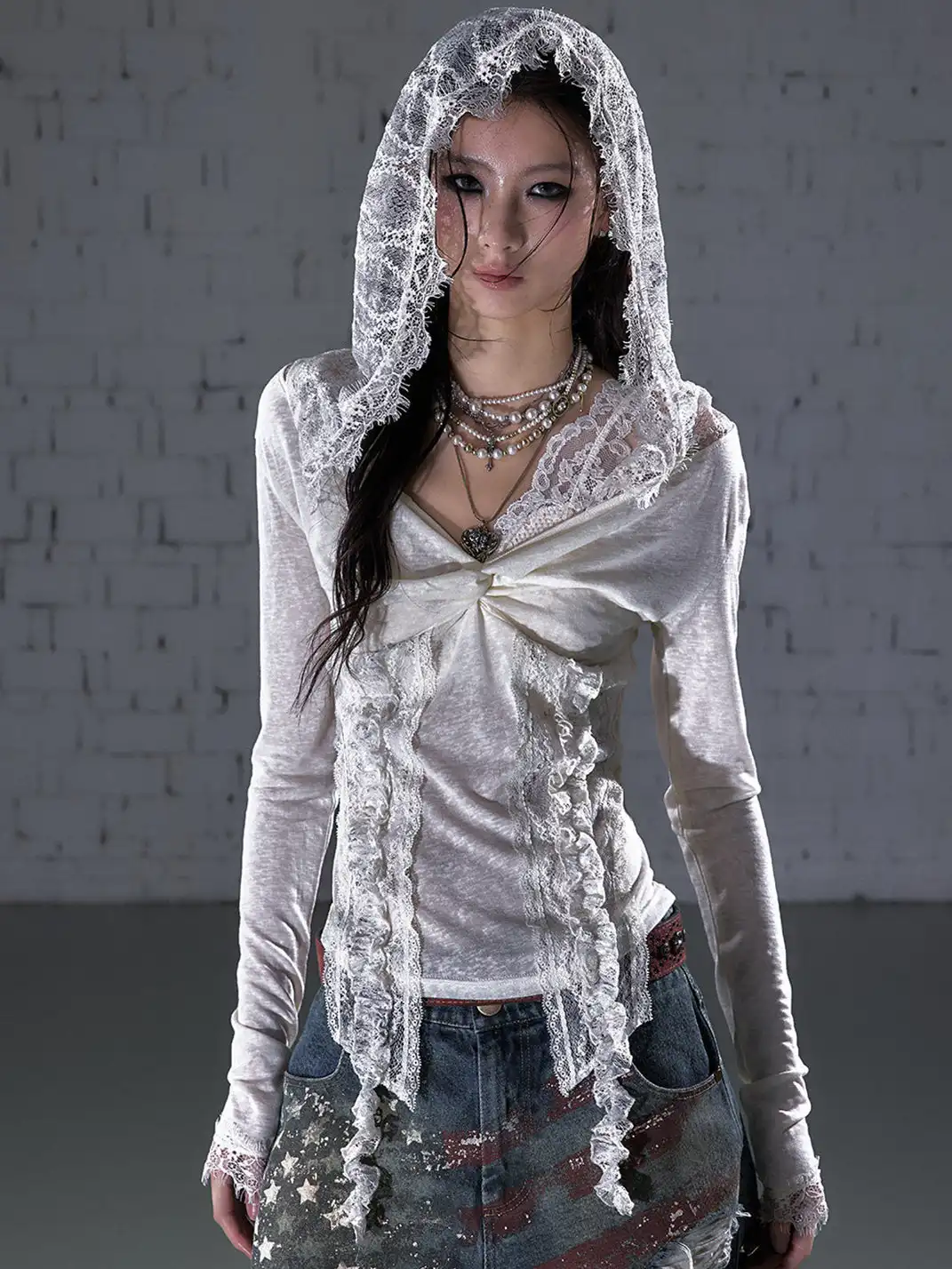 NO ROMANCE | Lace Off-Shoulder Hooded Long Sleeve T-Shirt