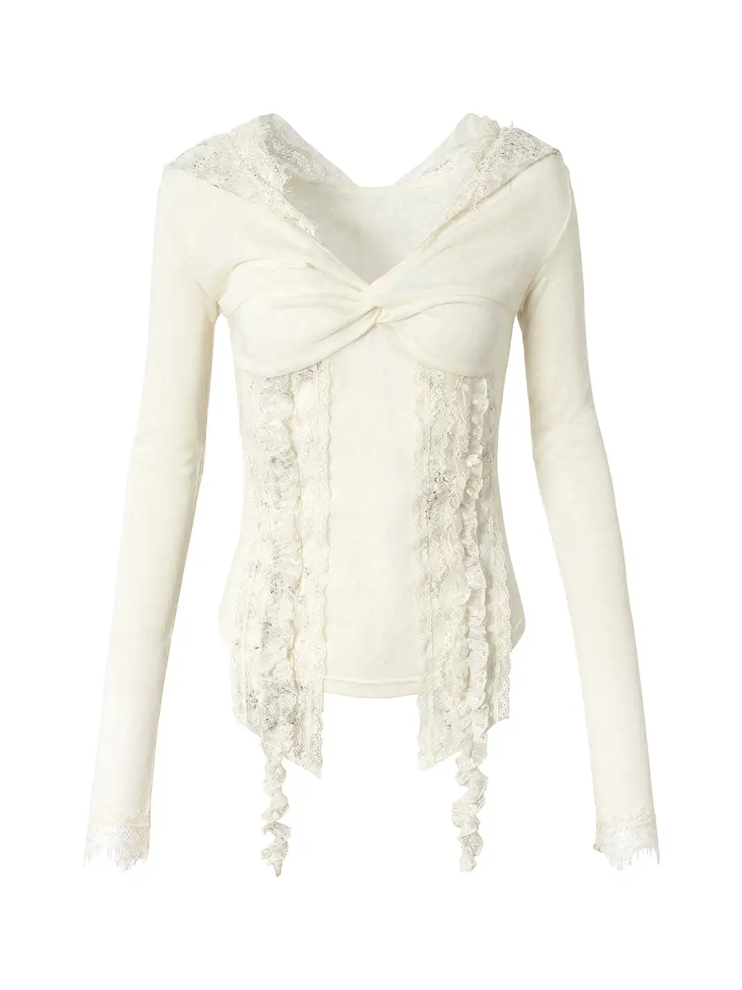 NO ROMANCE | Lace Off-Shoulder Hooded Long Sleeve T-Shirt