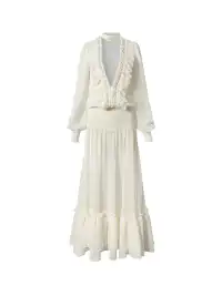 NO ROMANCE | Ruched Deep V-neck Chiffon Long Sleeve Dress