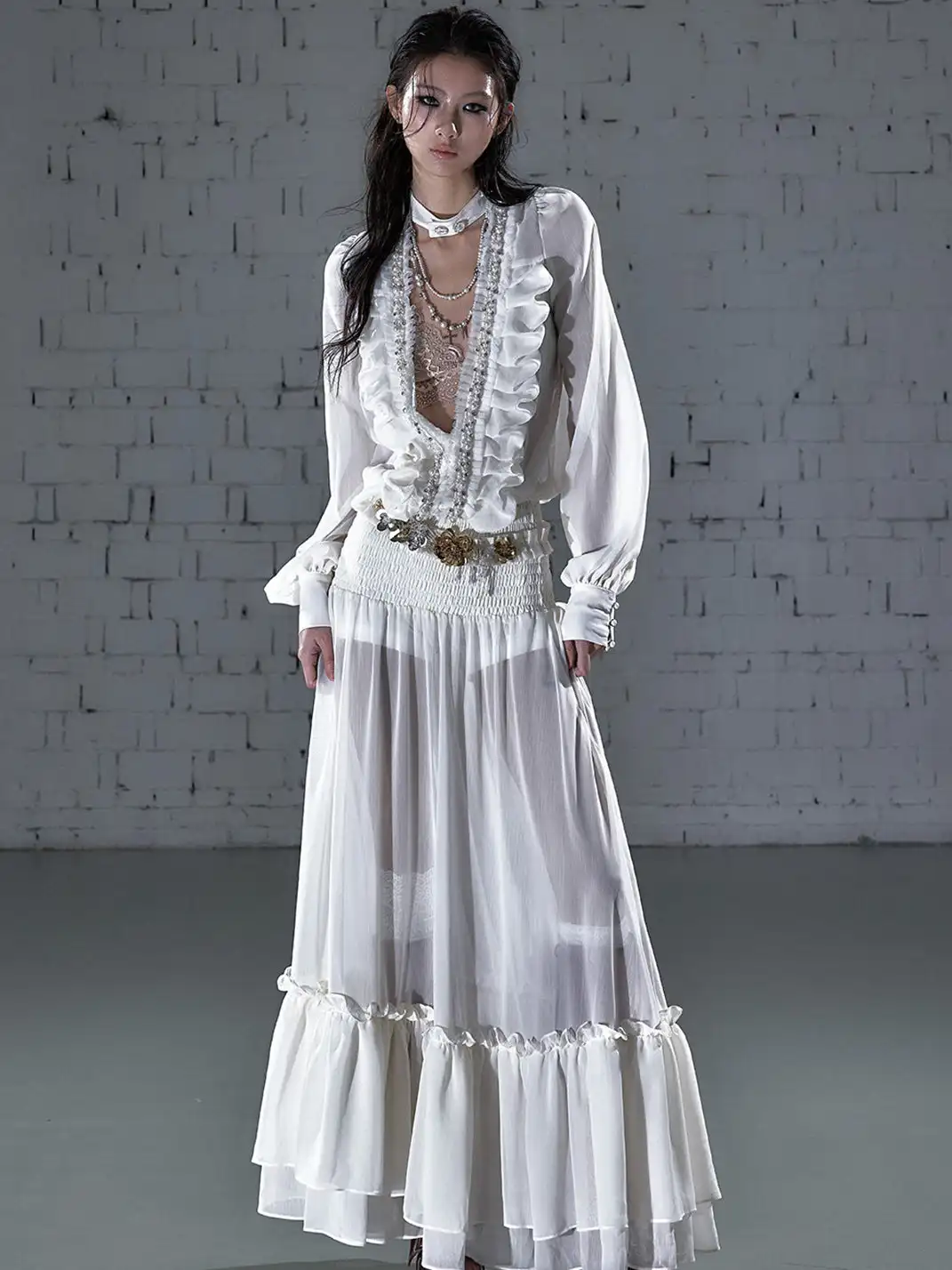 NO ROMANCE | Ruched Deep V-neck Chiffon Long Sleeve Dress