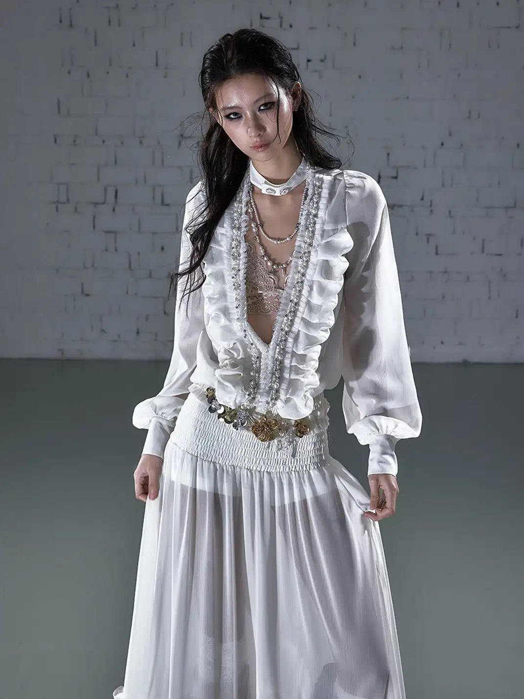 NO ROMANCE | Ruched Deep V-neck Chiffon Long Sleeve Dress