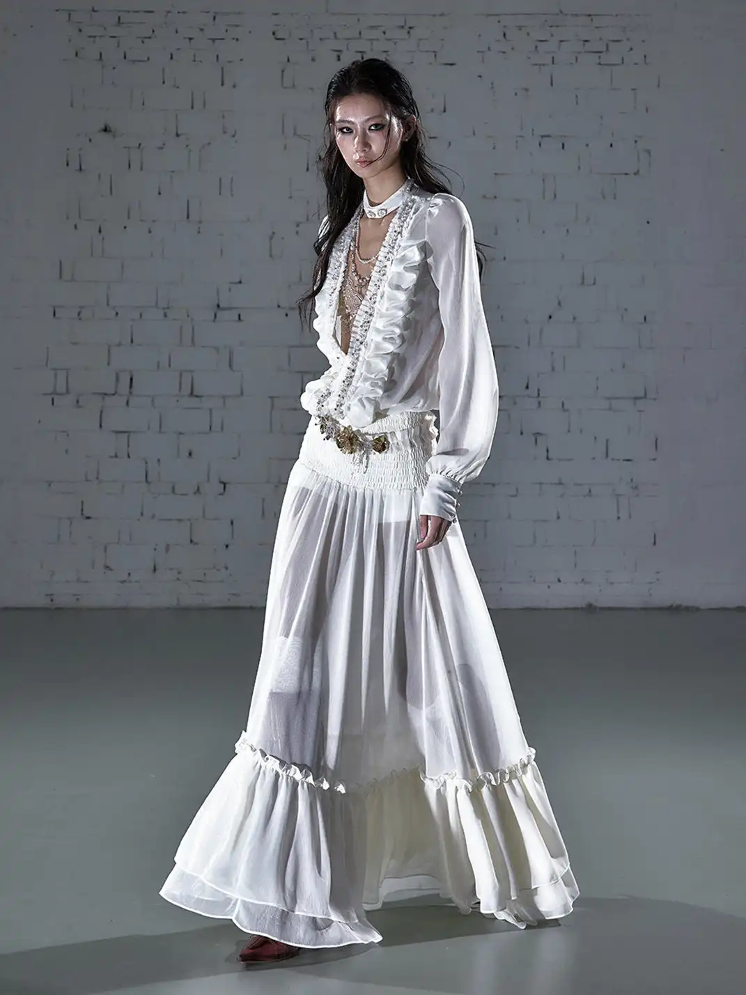 NO ROMANCE | Ruched Deep V-neck Chiffon Long Sleeve Dress