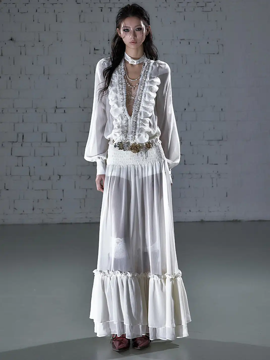 NO ROMANCE | Ruched Deep V-neck Chiffon Long Sleeve Dress