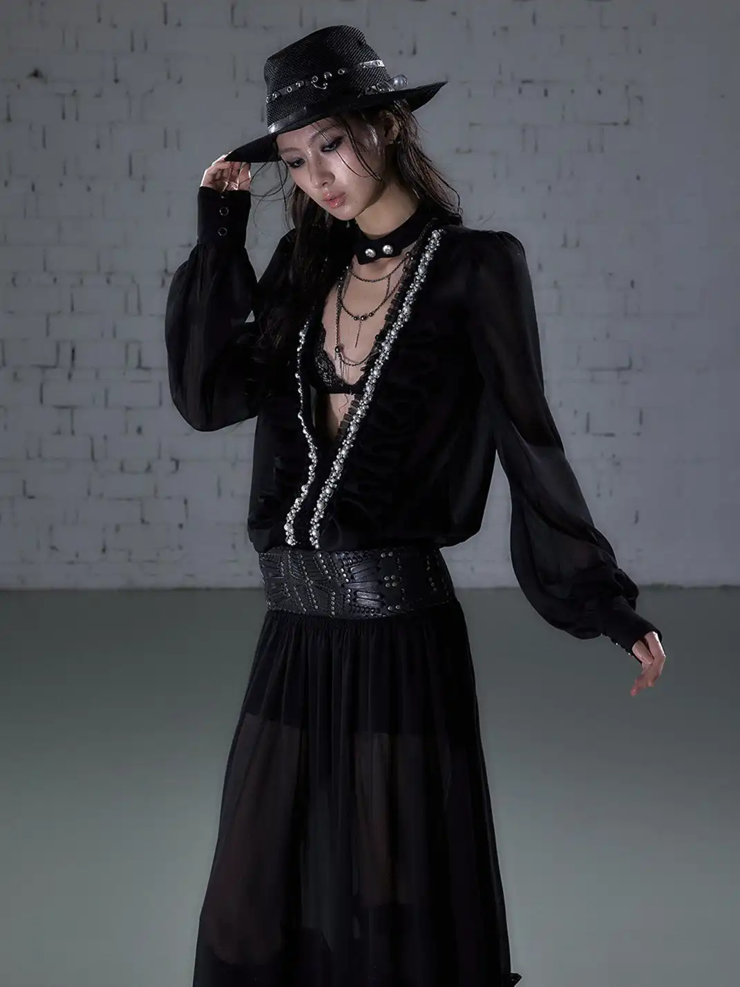 NO ROMANCE | Ruched Deep V-neck Chiffon Long Sleeve Dress