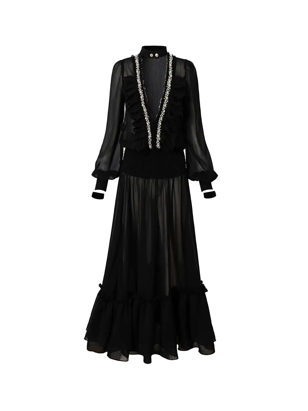 NO ROMANCE | Ruched Deep V-neck Chiffon Long Sleeve Dress