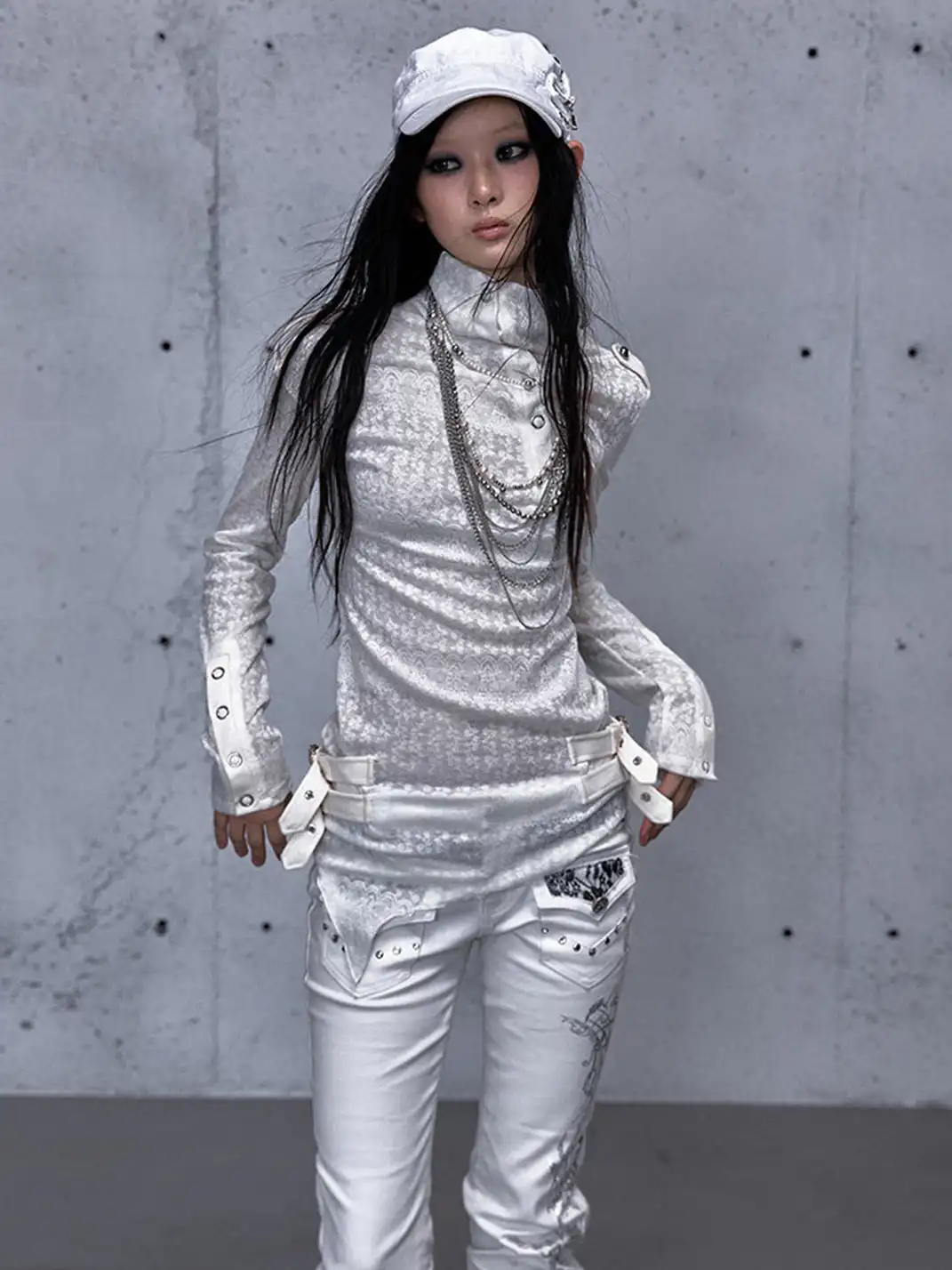 NO ROMANCE | Standing Collar Asymmetric Jacquard Knit Long Sleeve Top