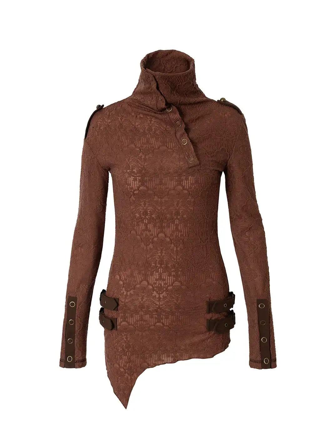 NO ROMANCE | Standing Collar Asymmetric Jacquard Knit Long Sleeve Top