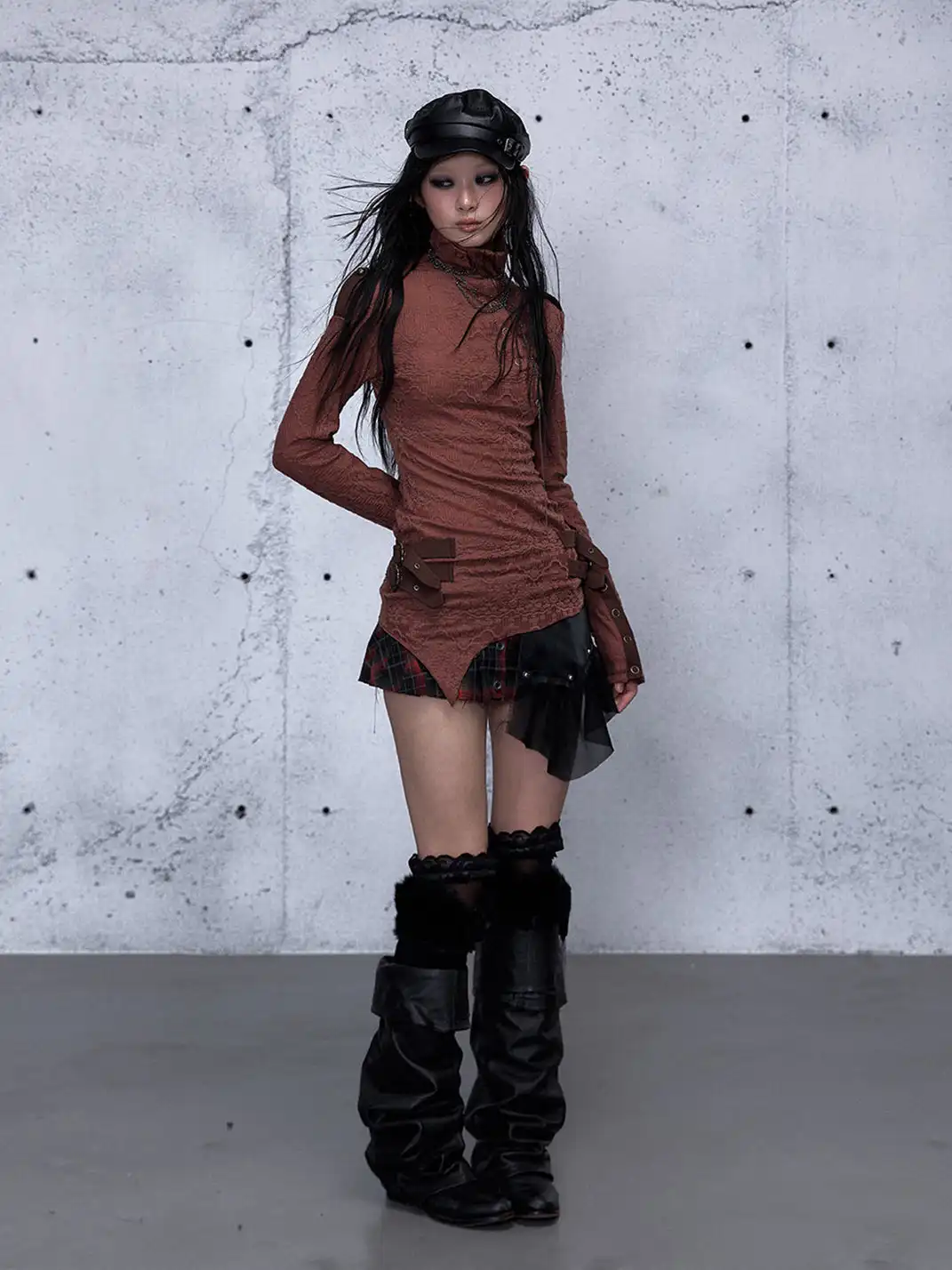 NO ROMANCE | Standing Collar Asymmetric Jacquard Knit Long Sleeve Top