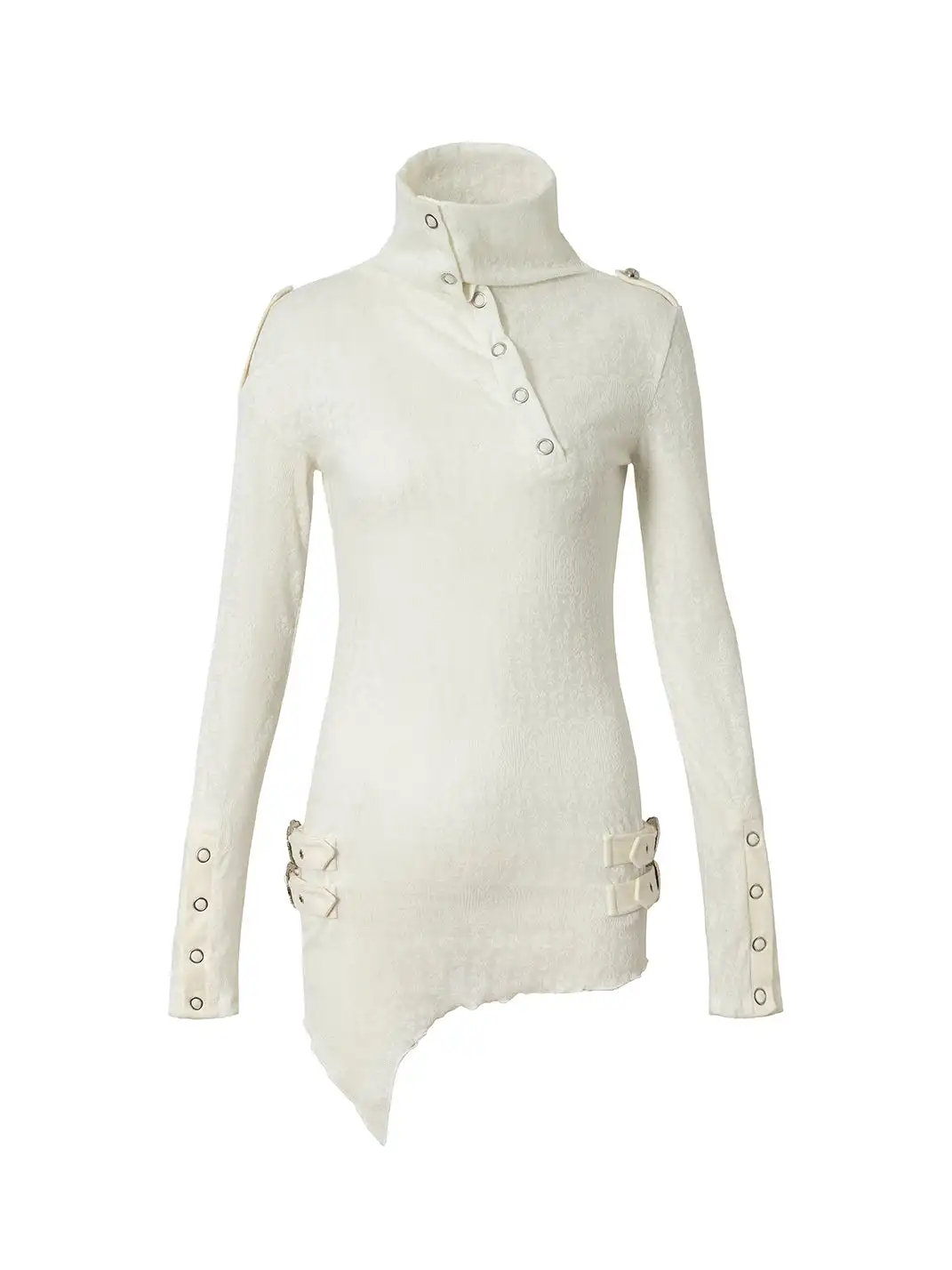 NO ROMANCE | Standing Collar Asymmetric Jacquard Knit Long Sleeve Top