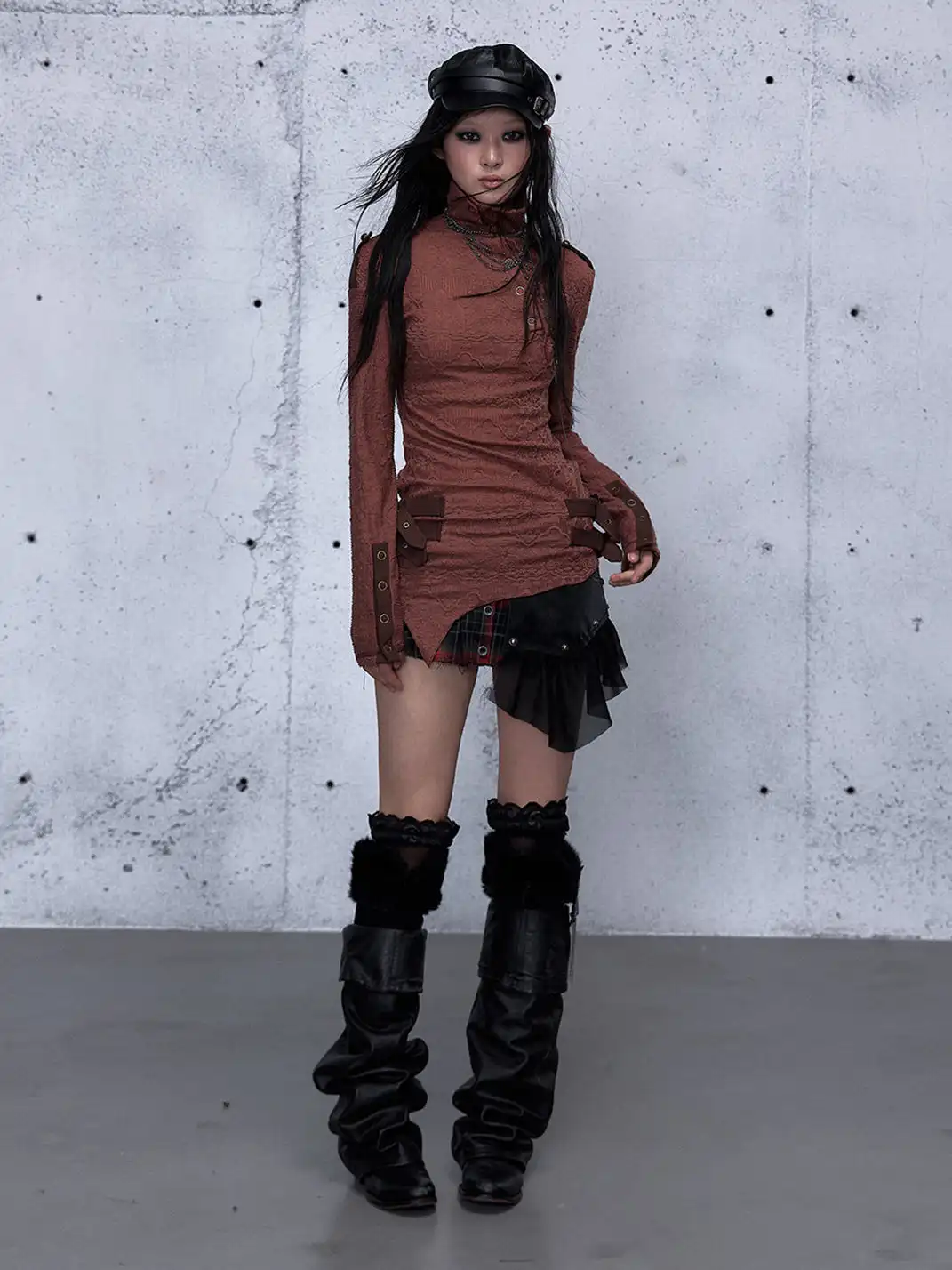 NO ROMANCE | Standing Collar Asymmetric Jacquard Knit Long Sleeve Top