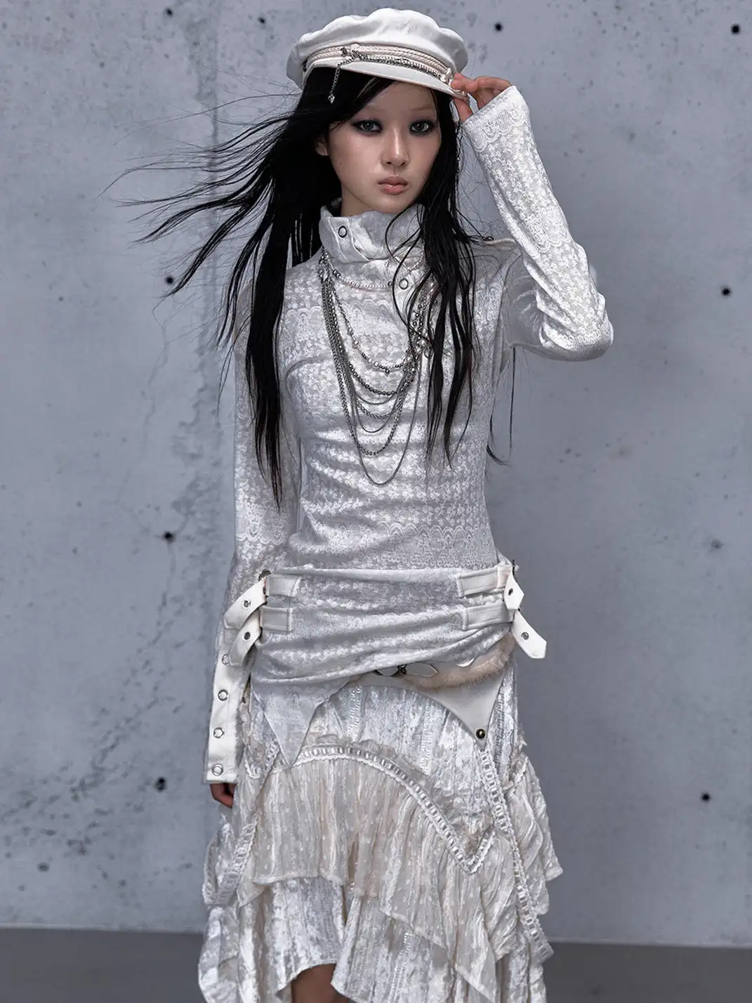 NO ROMANCE | Standing Collar Asymmetric Jacquard Knit Long Sleeve Top