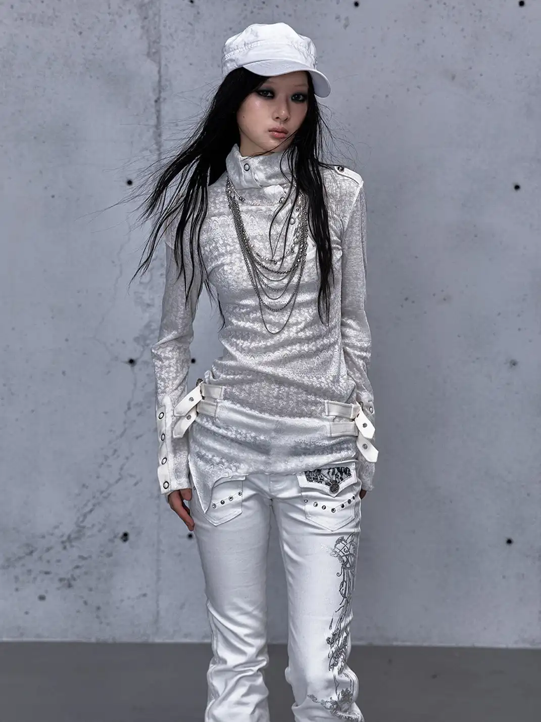 NO ROMANCE | Standing Collar Asymmetric Jacquard Knit Long Sleeve Top