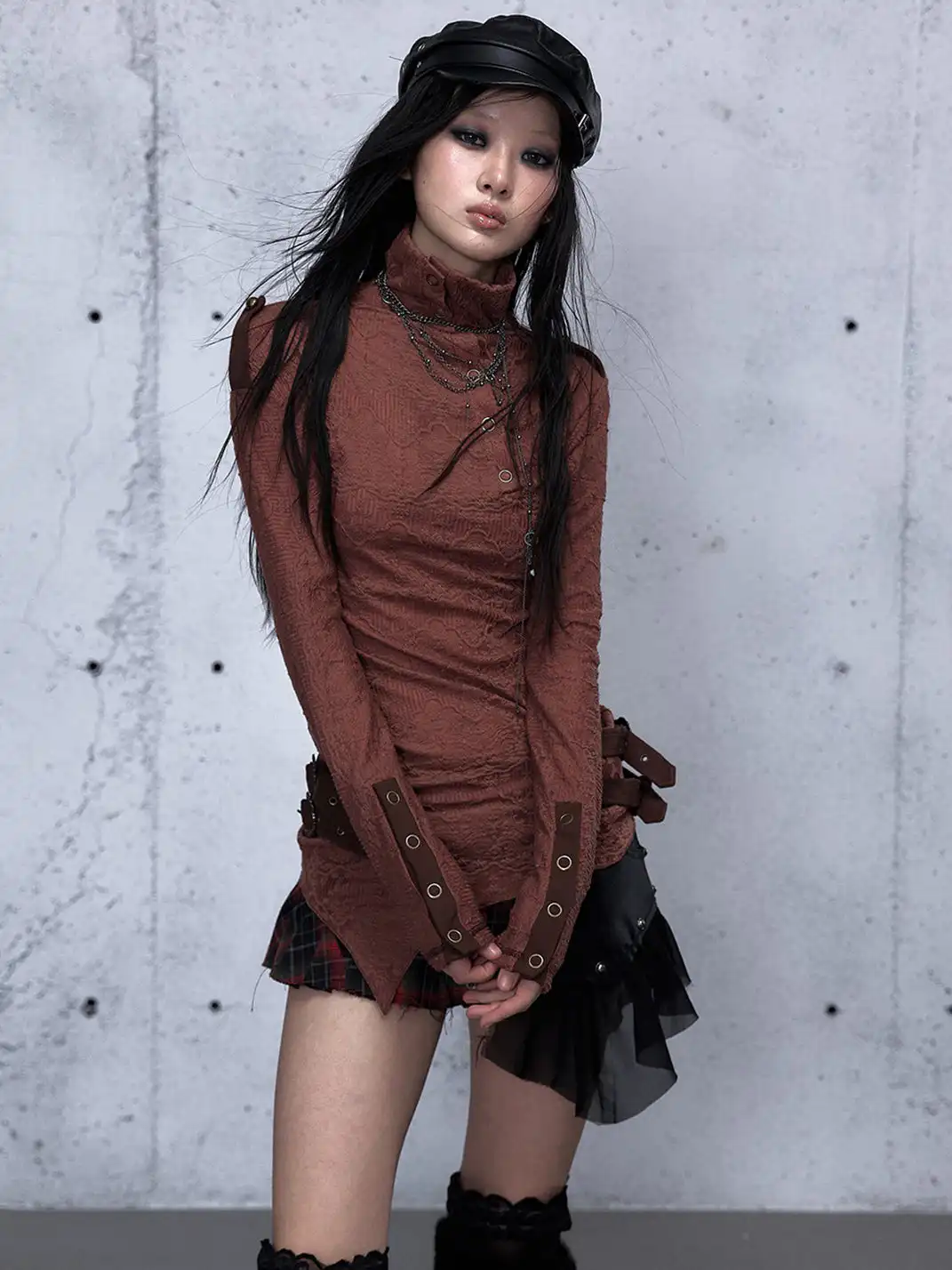 NO ROMANCE | Standing Collar Asymmetric Jacquard Knit Long Sleeve Top