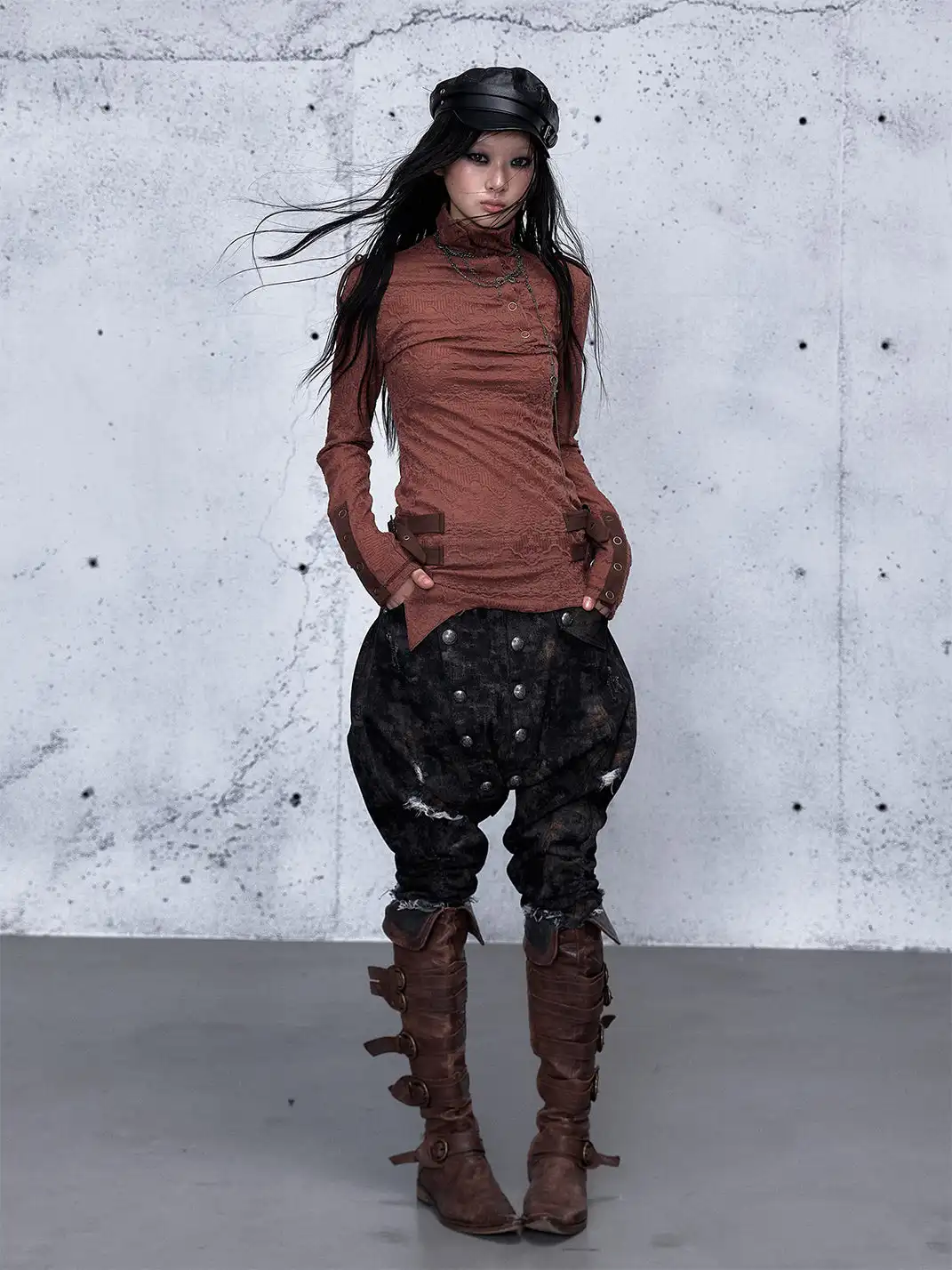 NO ROMANCE | Standing Collar Asymmetric Jacquard Knit Long Sleeve Top