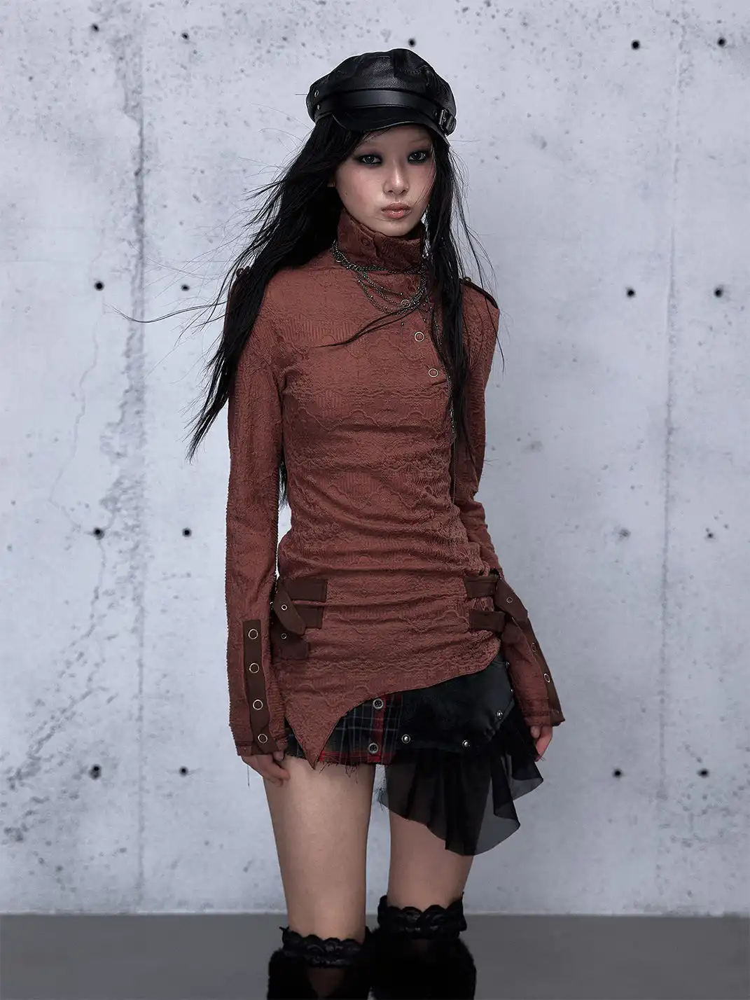 NO ROMANCE | Standing Collar Asymmetric Jacquard Knit Long Sleeve Top