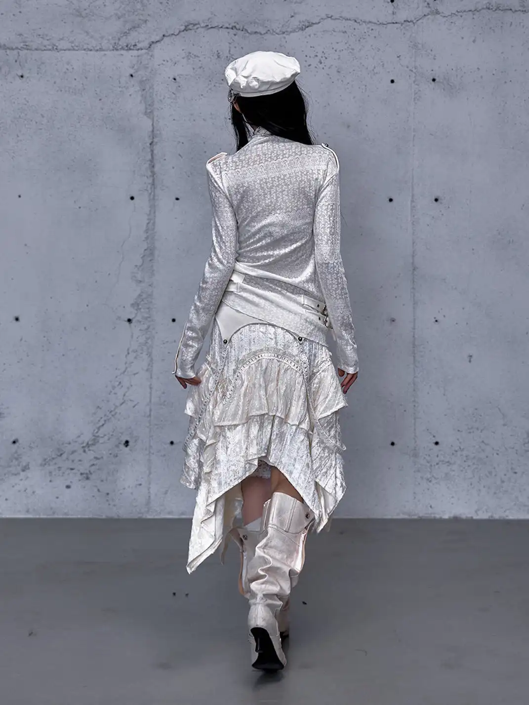 NO ROMANCE | Standing Collar Asymmetric Jacquard Knit Long Sleeve Top