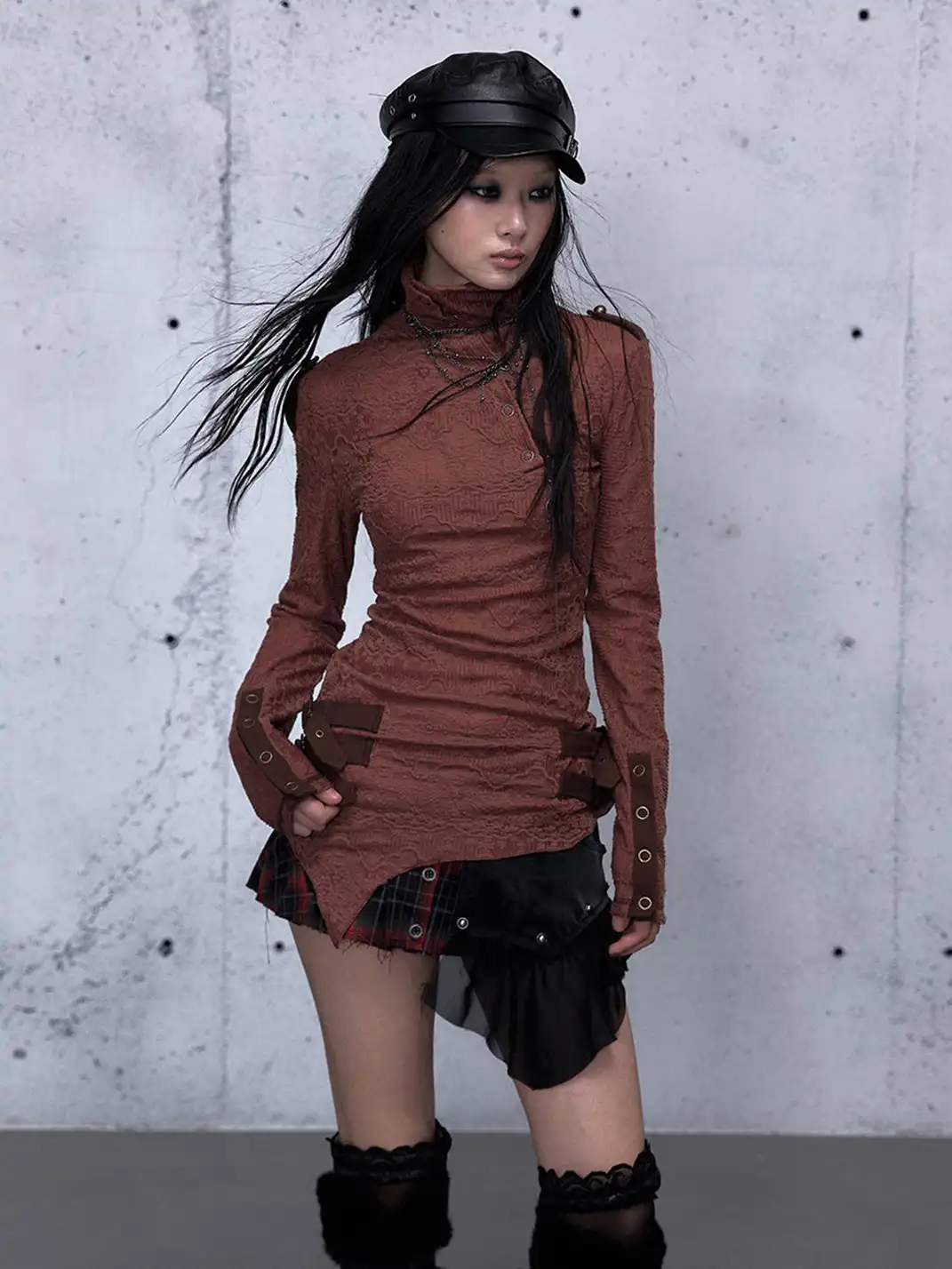 NO ROMANCE | Standing Collar Asymmetric Jacquard Knit Long Sleeve Top