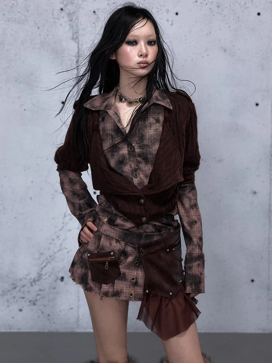 NO ROMANCE | Fake Two-Piece Plaid Knitted Irregular Shirt