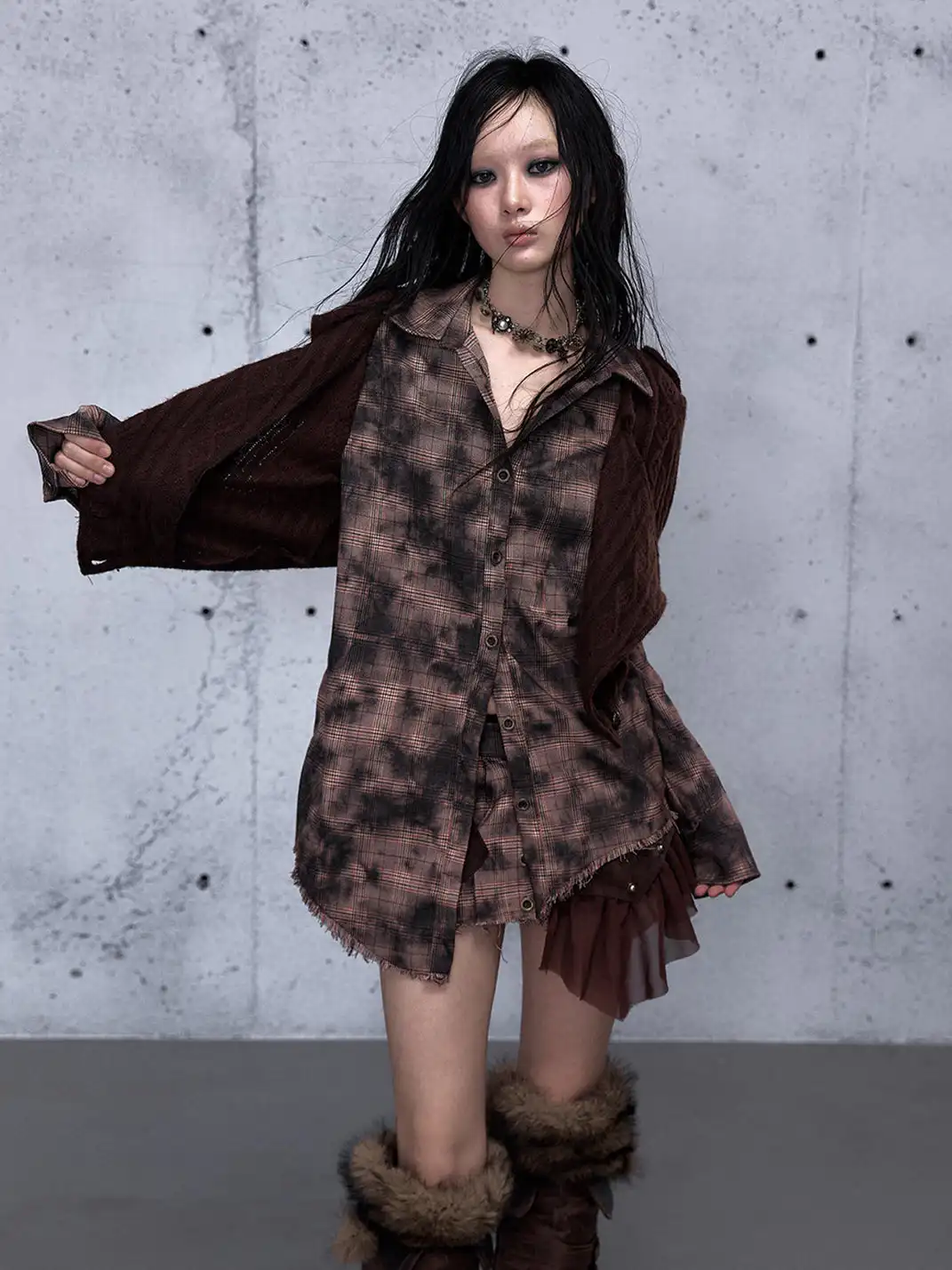 NO ROMANCE | Fake Two-Piece Plaid Knitted Irregular Shirt