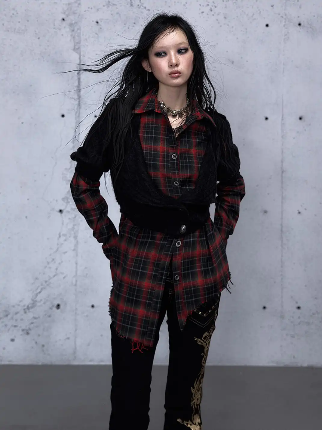 NO ROMANCE | Fake Two-Piece Plaid Knitted Irregular Shirt