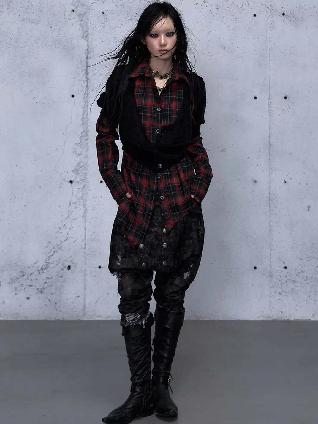NO ROMANCE | Fake Two-Piece Plaid Knitted Irregular Shirt