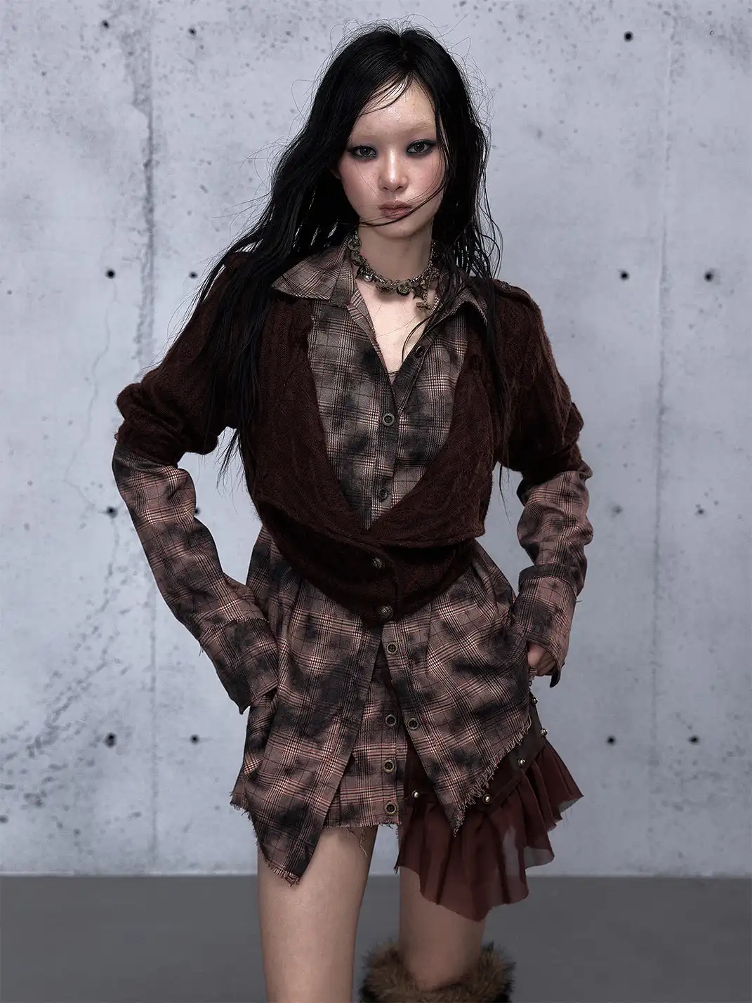 NO ROMANCE | Fake Two-Piece Plaid Knitted Irregular Shirt