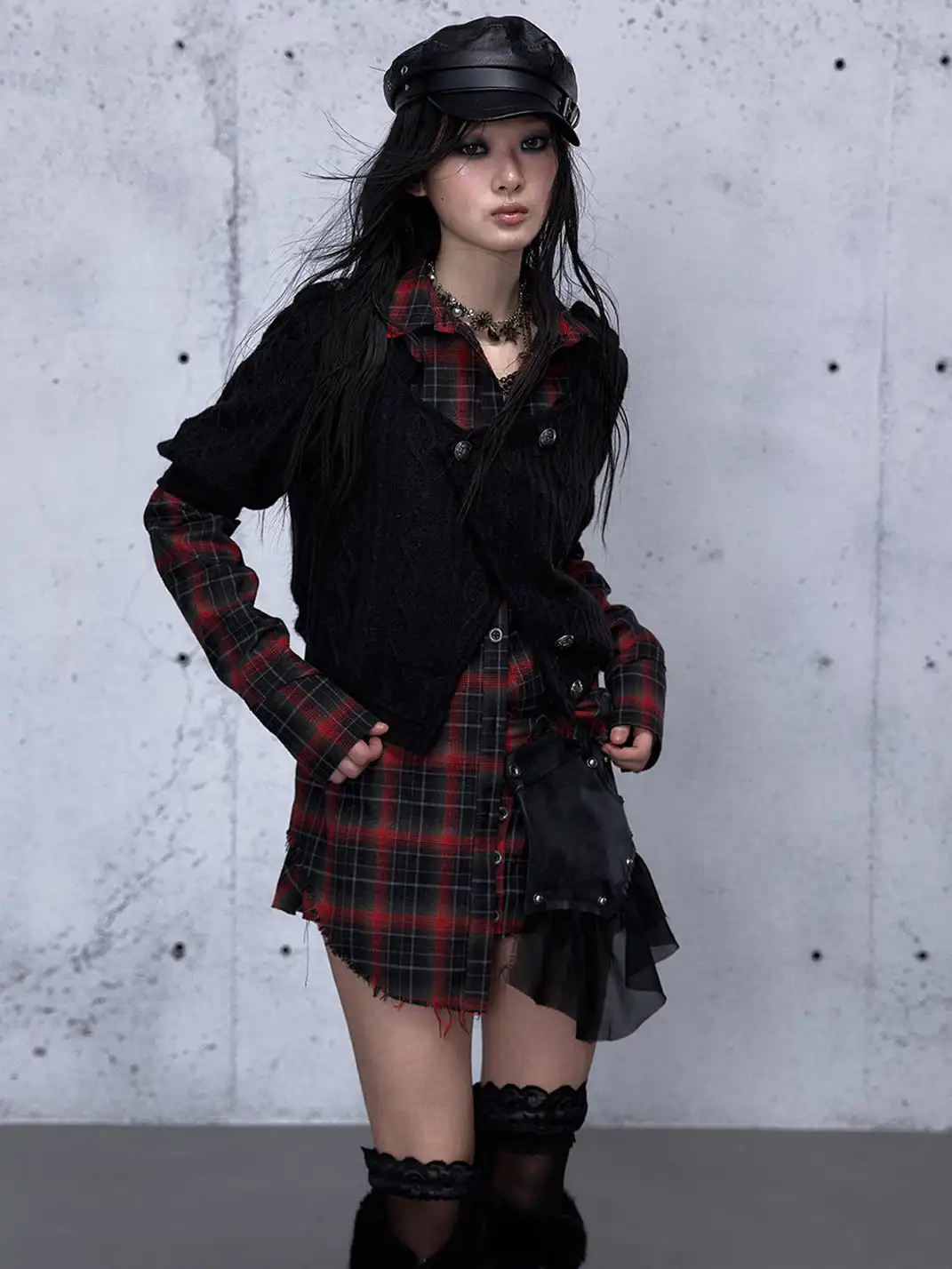 NO ROMANCE | Fake Two-Piece Plaid Knitted Irregular Shirt