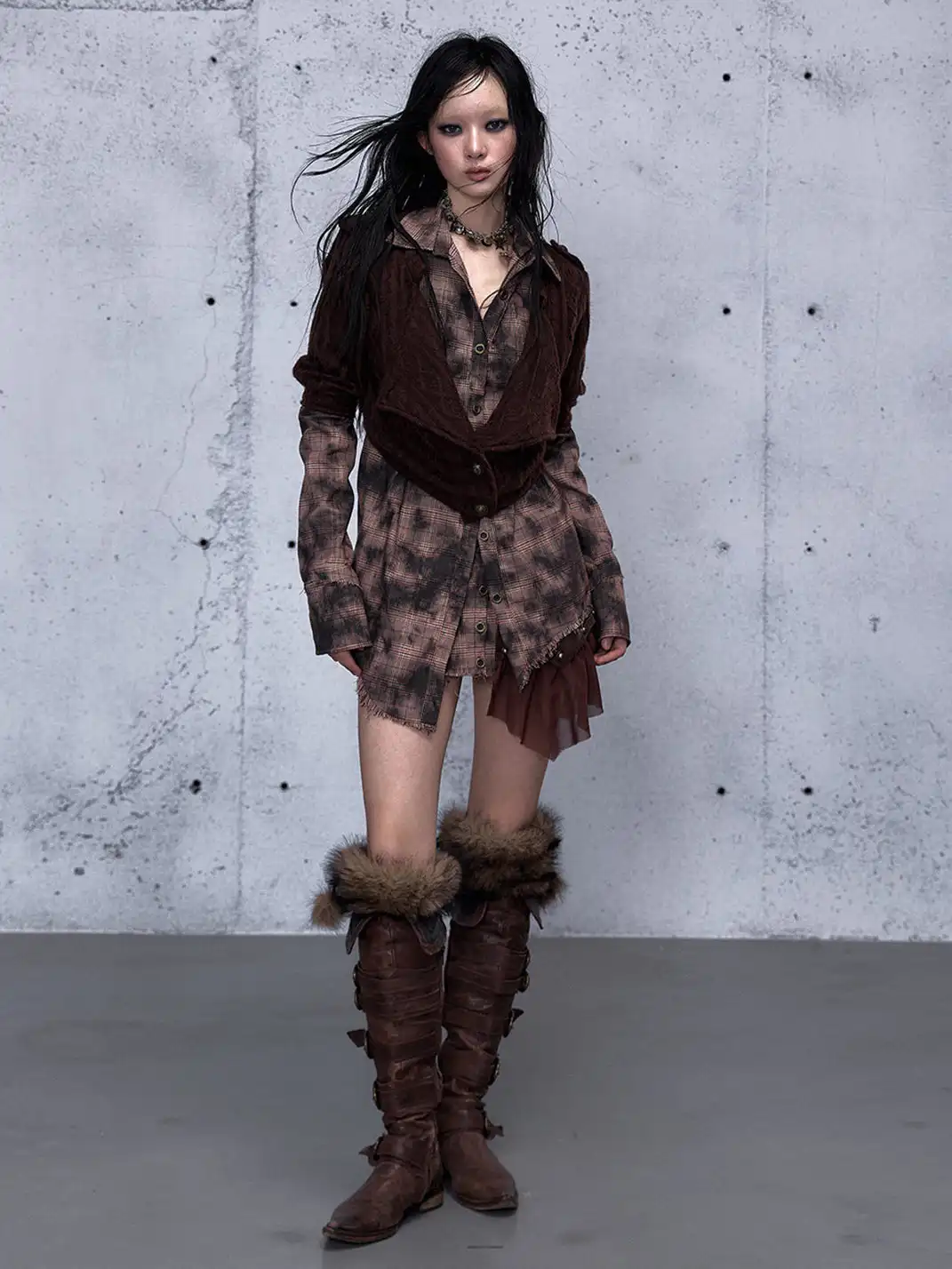 NO ROMANCE | Fake Two-Piece Plaid Knitted Irregular Shirt