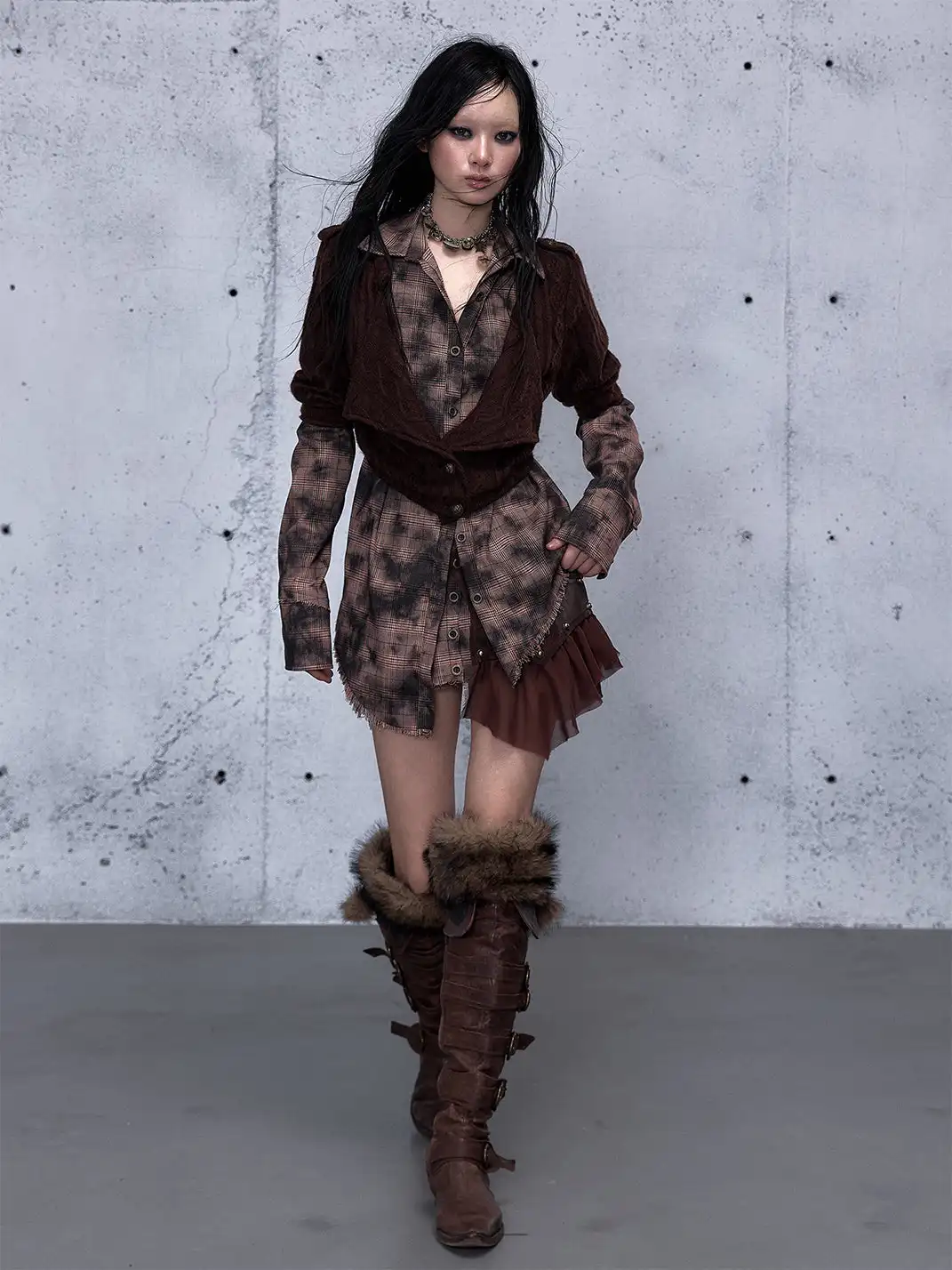 NO ROMANCE | Fake Two-Piece Plaid Knitted Irregular Shirt