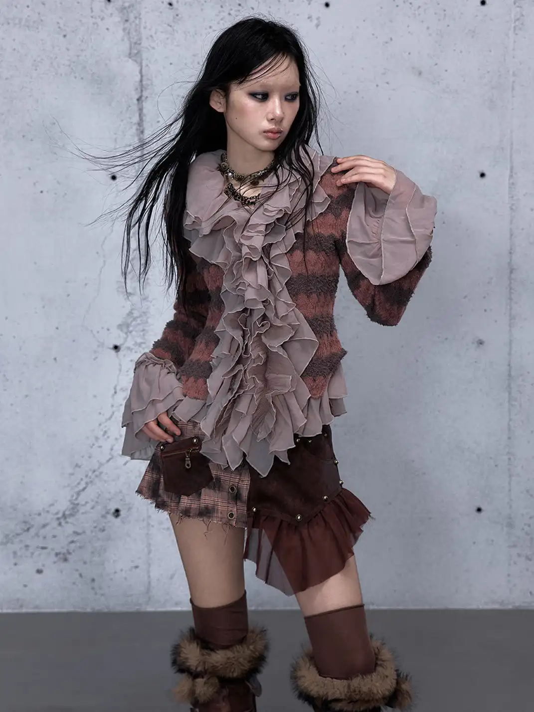 NO ROMANCE | Ruffled Knit Chiffon Flare Sleeve Cardigan Top
