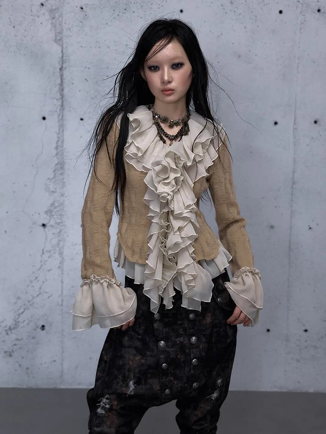 NO ROMANCE | Ruffled Knit Chiffon Flare Sleeve Cardigan Top