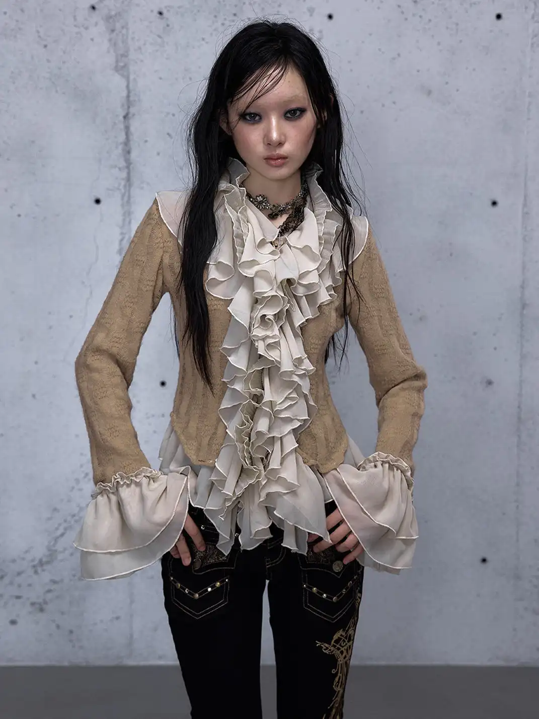 NO ROMANCE | Ruffled Knit Chiffon Flare Sleeve Cardigan Top