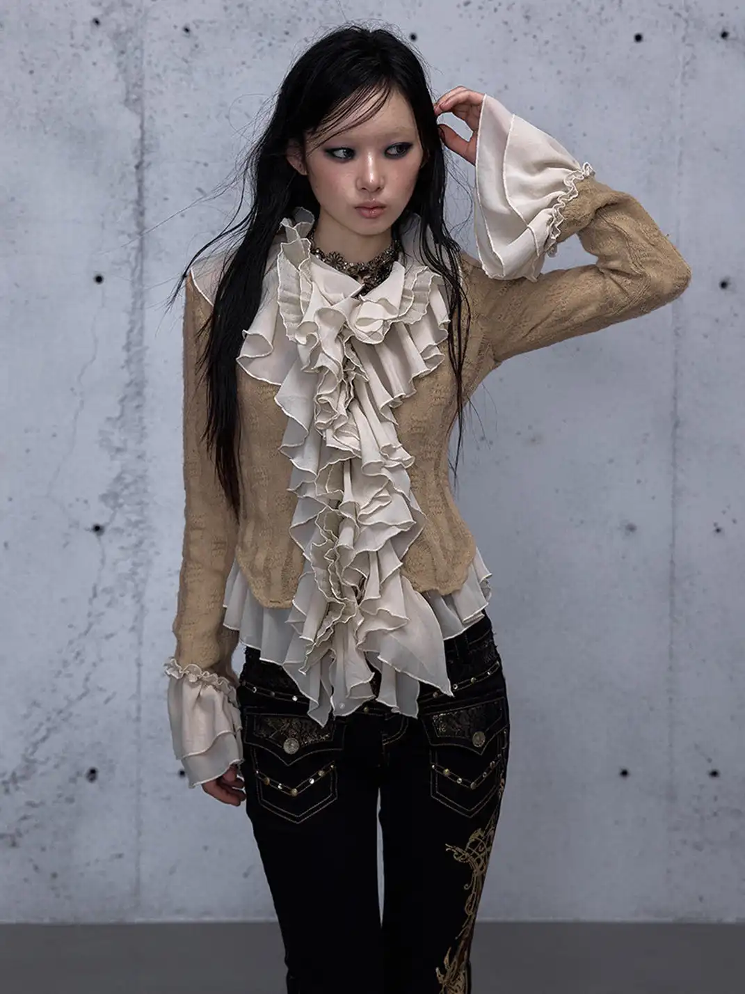 NO ROMANCE | Ruffled Knit Chiffon Flare Sleeve Cardigan Top